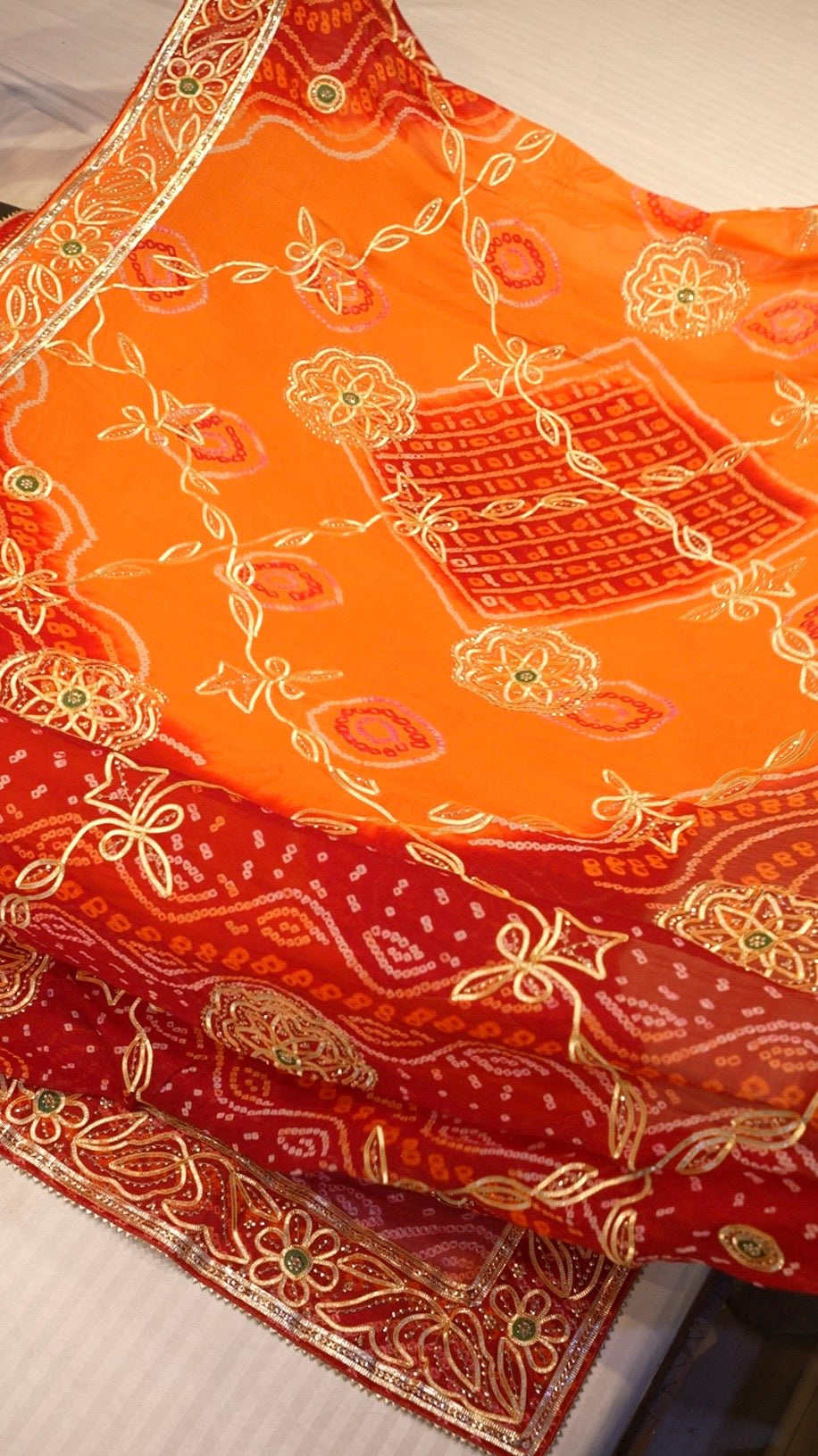 Pure Ojhriya Hand Bandhej Saree with Traditional Rajasthani Kaccha Gota Sequence Work