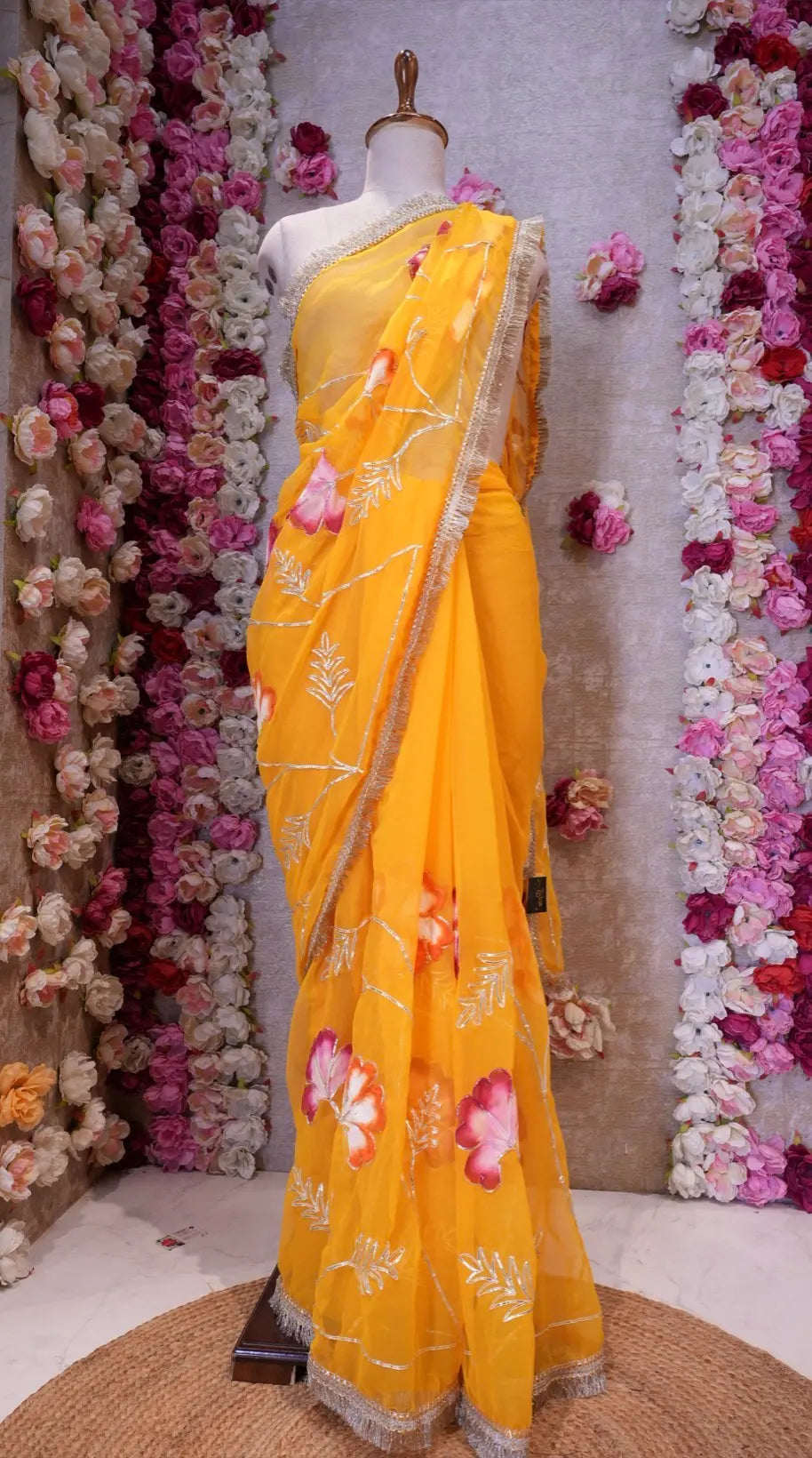 BRUSH PRINT DESIGN WITH KACHI GOTA PATTI WORK & LACE SAREE (WITH BLOUSE)