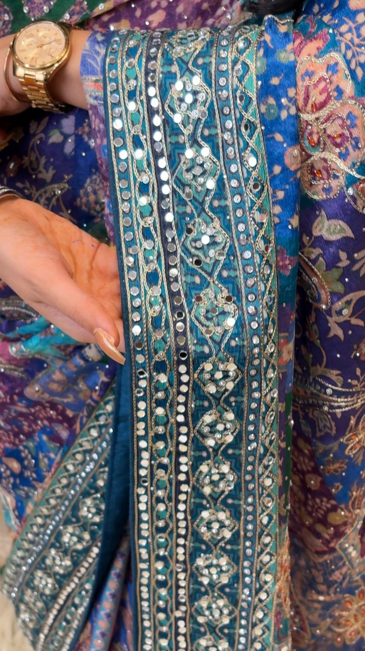 Pure Crepe Silk Mirror Work Stitch Blouse Saree