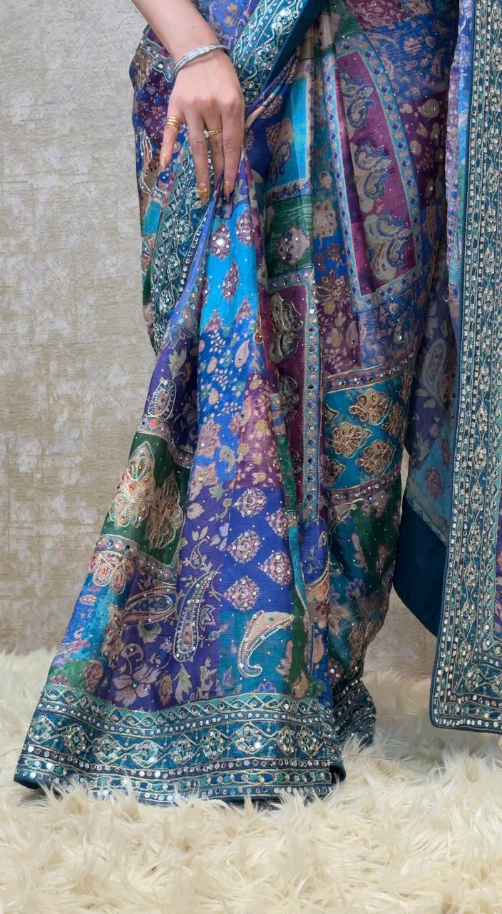 Pure Crepe Silk Mirror Work Stitch Blouse Saree