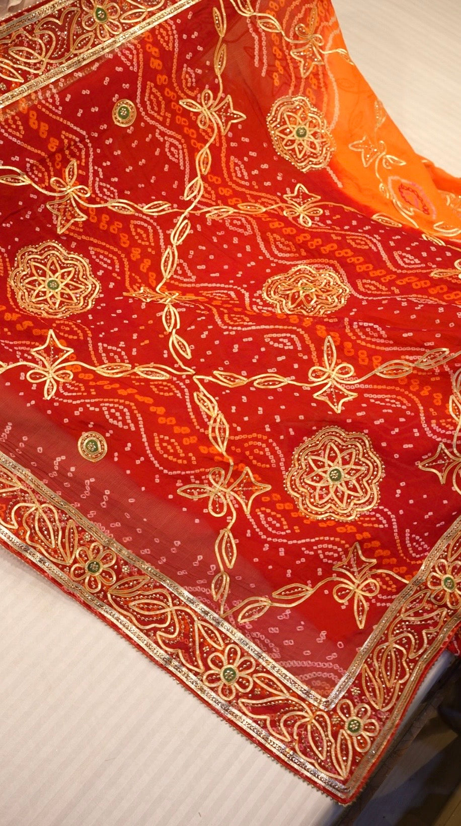 Pure Ojhriya Hand Bandhej Saree with Traditional Rajasthani Kaccha Gota Sequence Work