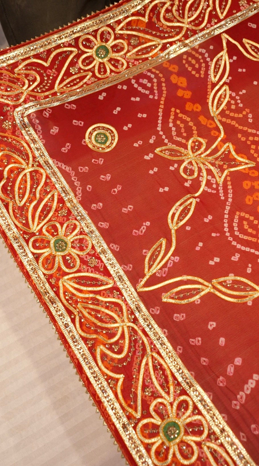 Pure Ojhriya Hand Bandhej Saree with Traditional Rajasthani Kaccha Gota Sequence Work