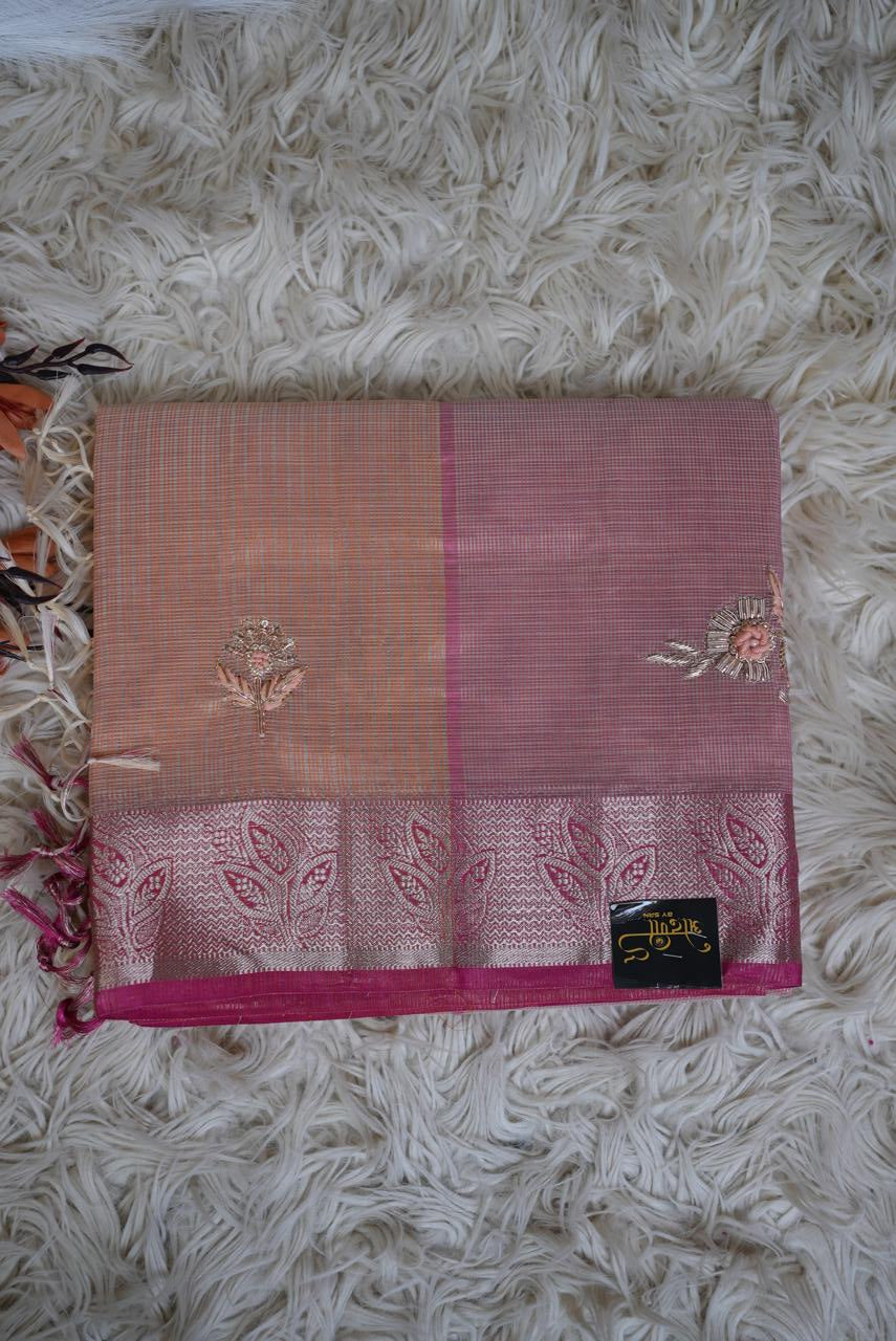Pure Cotton Doriya Saree with Banarasi Border & Handwork Buti