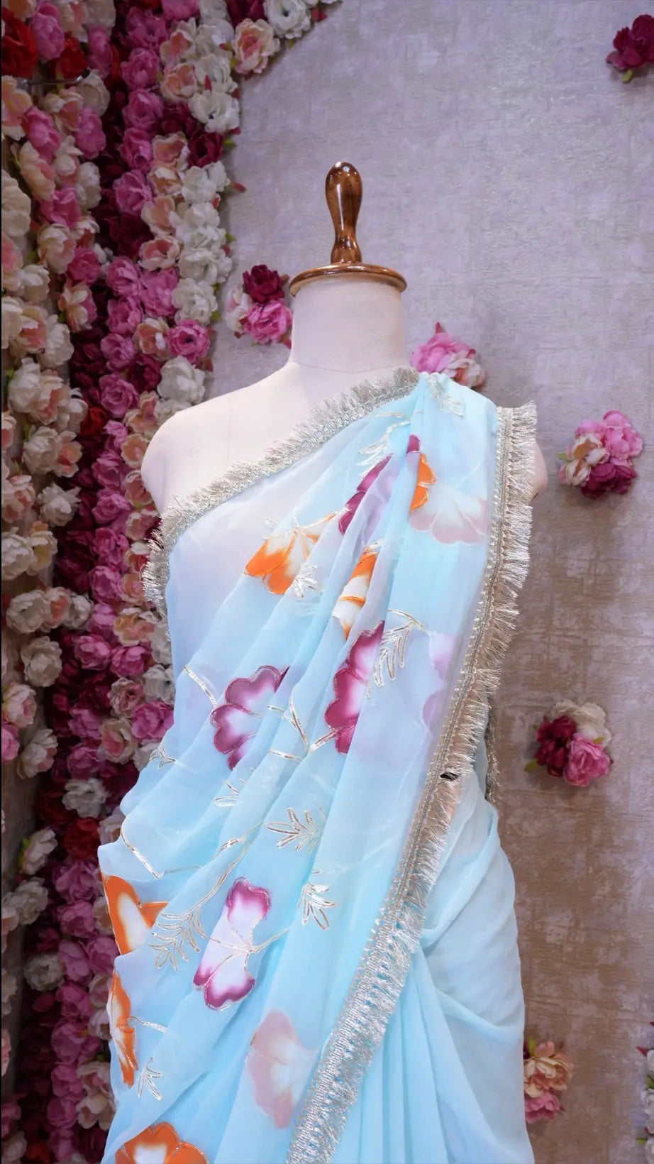 BRUSH PRINT DESIGN WITH KACHI GOTA PATTI WORK & LACE SAREE (WITH BLOUSE)