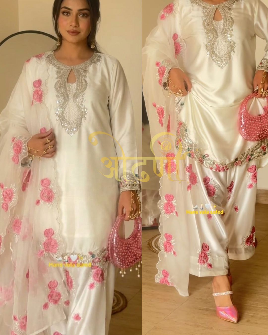Beautiful Silk Sequins Embroidered White Top with Palazzo & Work Dupatta Set Readymade