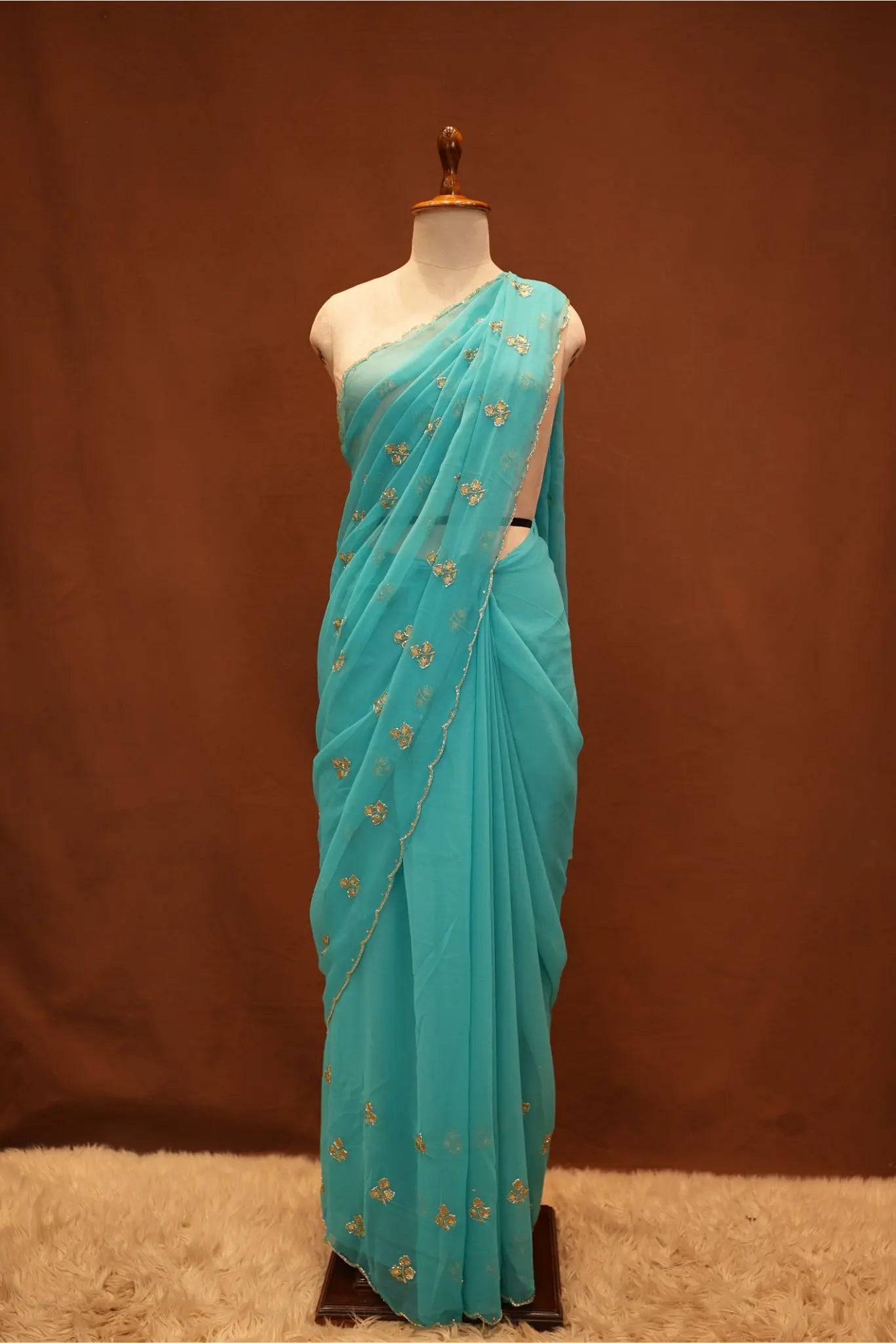 Saree with Cutdana & Aari Work, Small Butti Pattern & Cutdana Border (With Blouse)