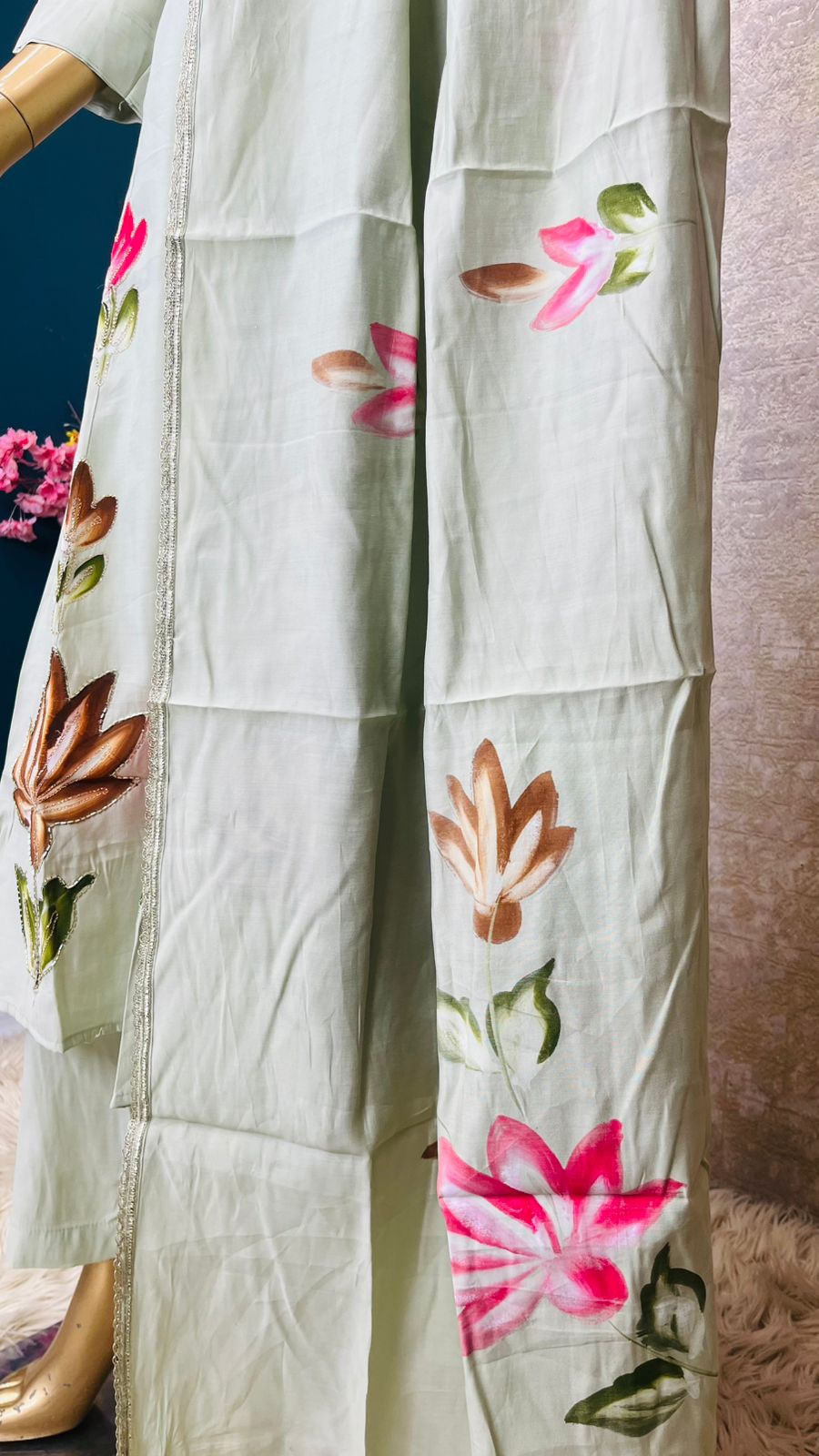 Elegant Floral Printed Kurta Set with Dupatta – Soft Pastel Green Ethnic Wear