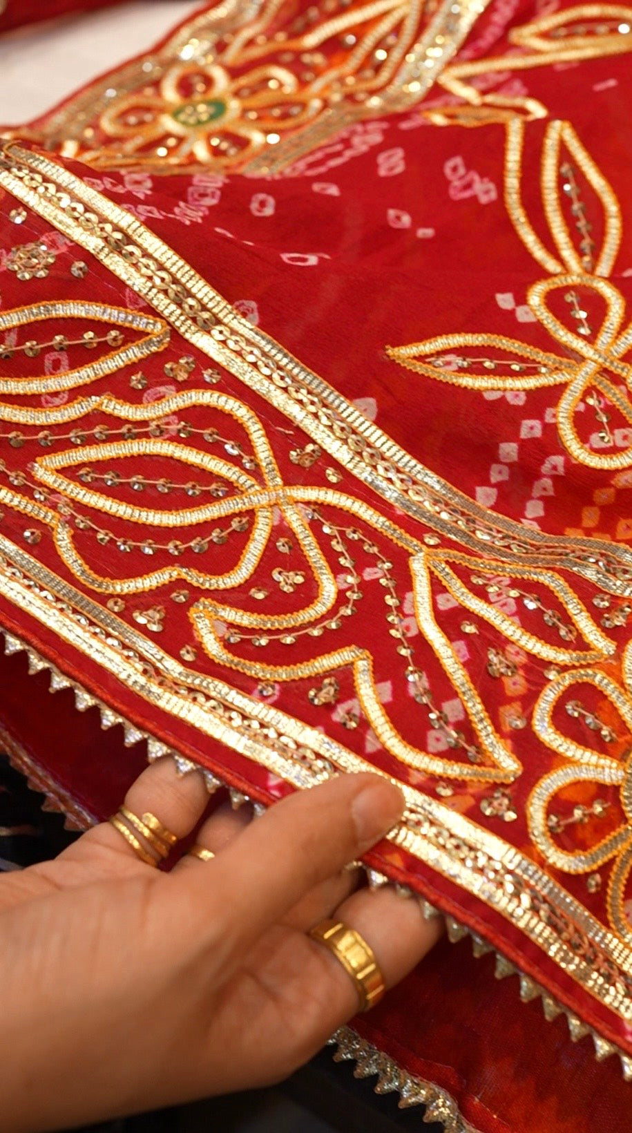 Pure Ojhriya Hand Bandhej Saree with Traditional Rajasthani Kaccha Gota Sequence Work
