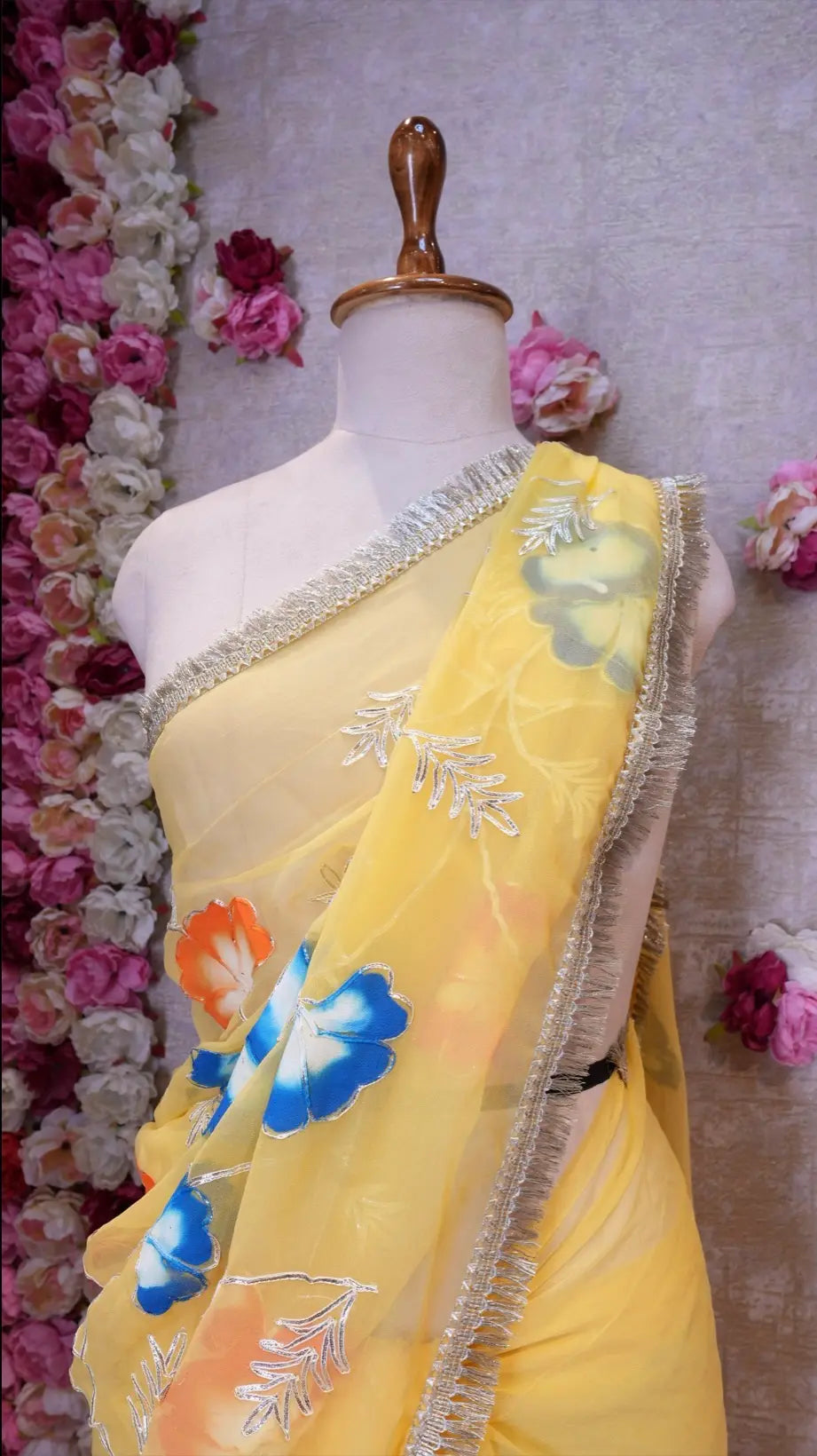 BRUSH PRINT DESIGN WITH KACHI GOTA PATTI WORK & LACE SAREE (WITH BLOUSE)