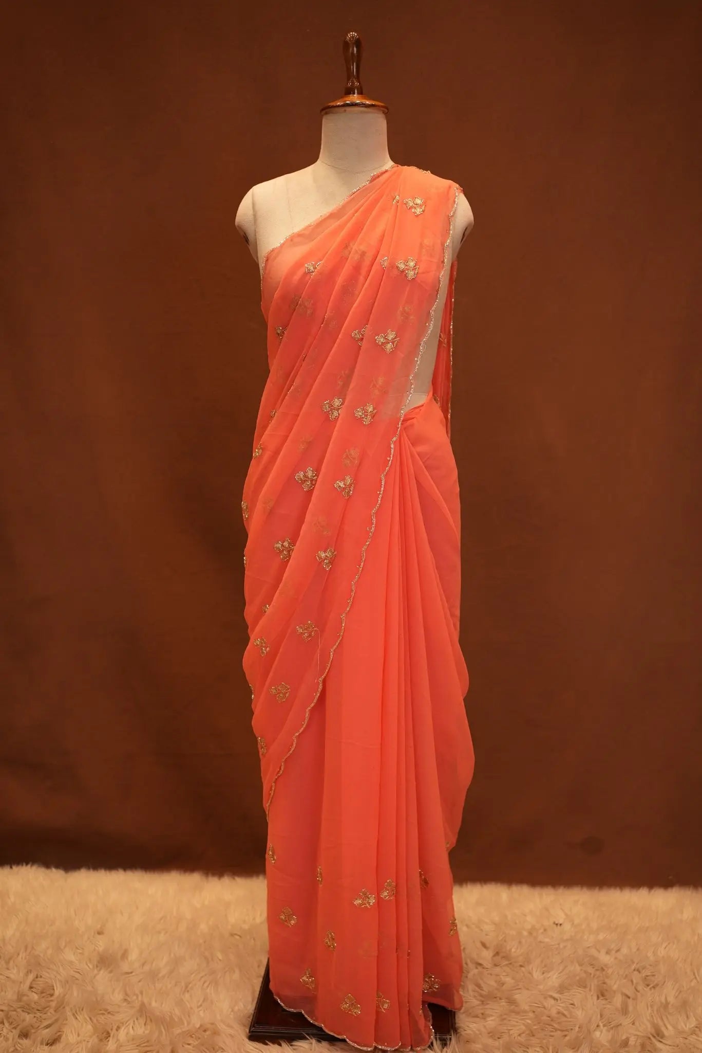Saree with Cutdana & Aari Work, Small Butti Pattern & Cutdana Border (With Blouse)