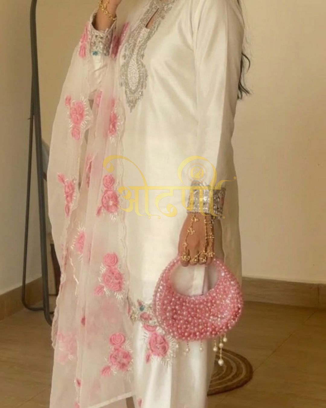 Beautiful Silk Sequins Embroidered White Top with Palazzo & Work Dupatta Set Readymade