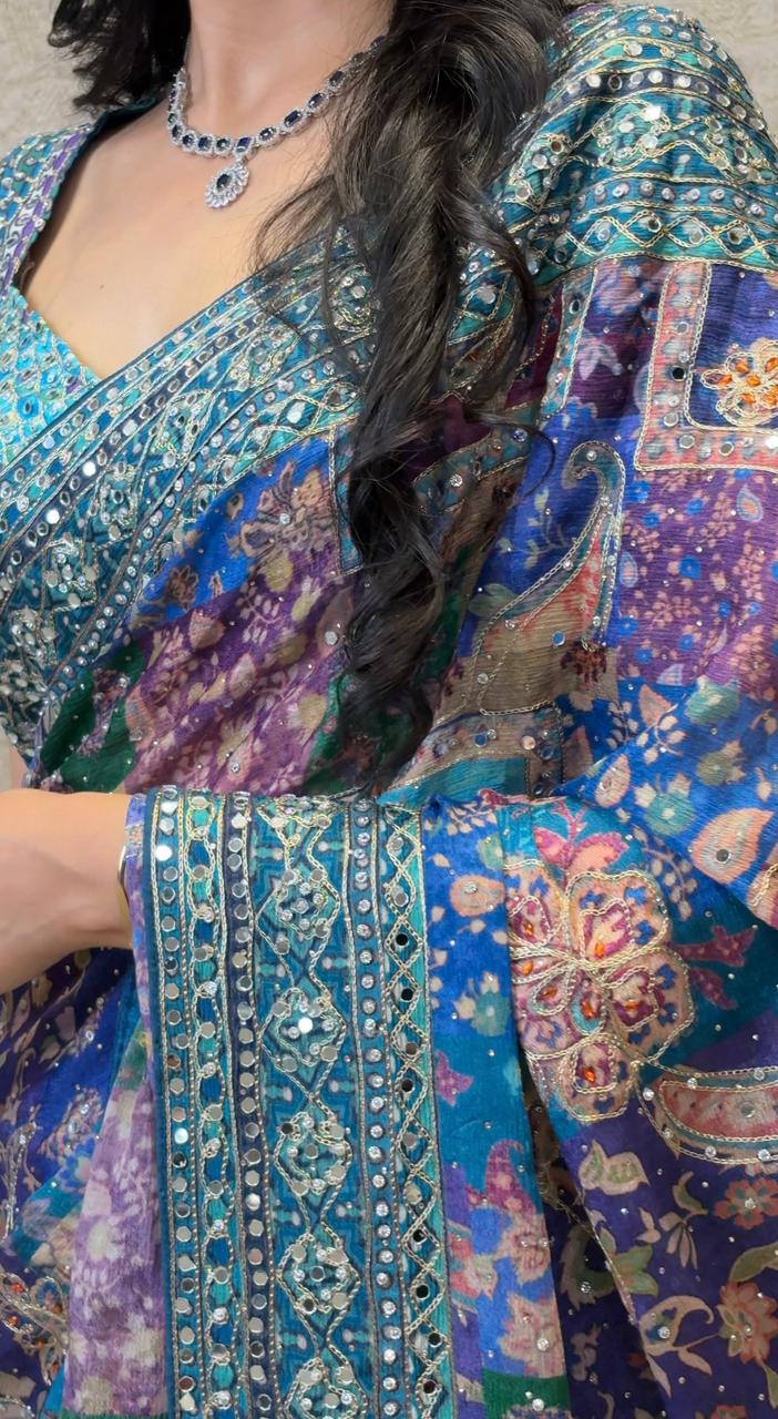 Pure Crepe Silk Mirror Work Stitch Blouse Saree