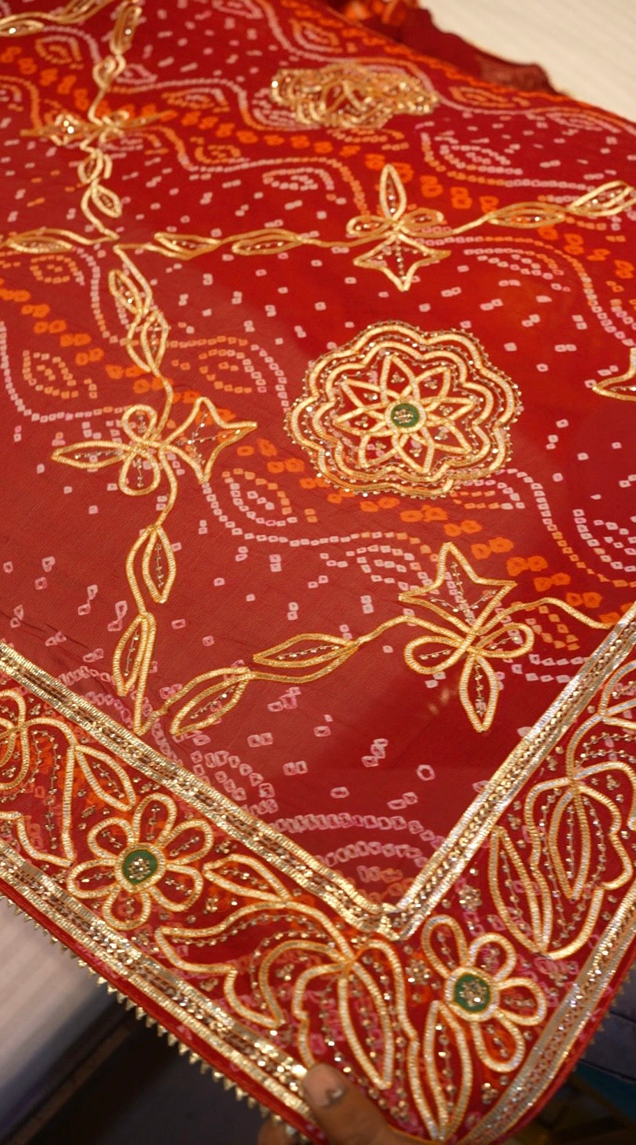 Pure Ojhriya Hand Bandhej Saree with Traditional Rajasthani Kaccha Gota Sequence Work