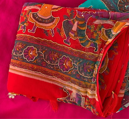 CHIFFON FABRIC SAREE WITH DANDIYA PRINT AND CUTDANA WORK (WITH BLOUSE)  ##SR0364