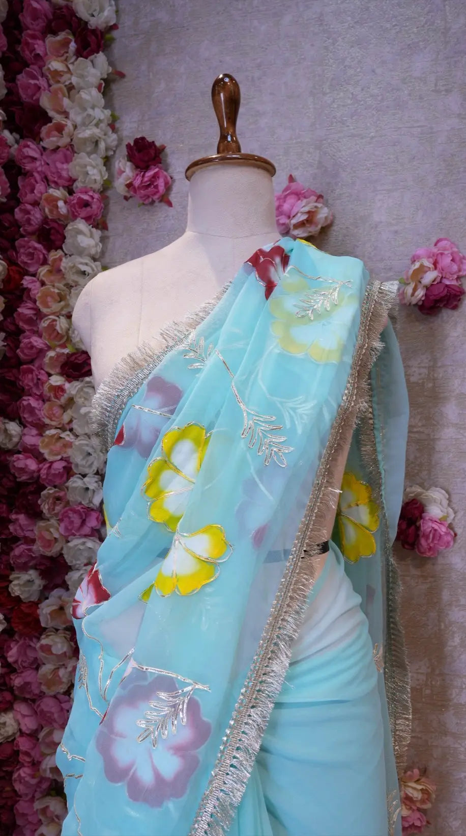 BRUSH PRINT DESIGN WITH KACHI GOTA PATTI WORK & LACE SAREE (WITH BLOUSE)