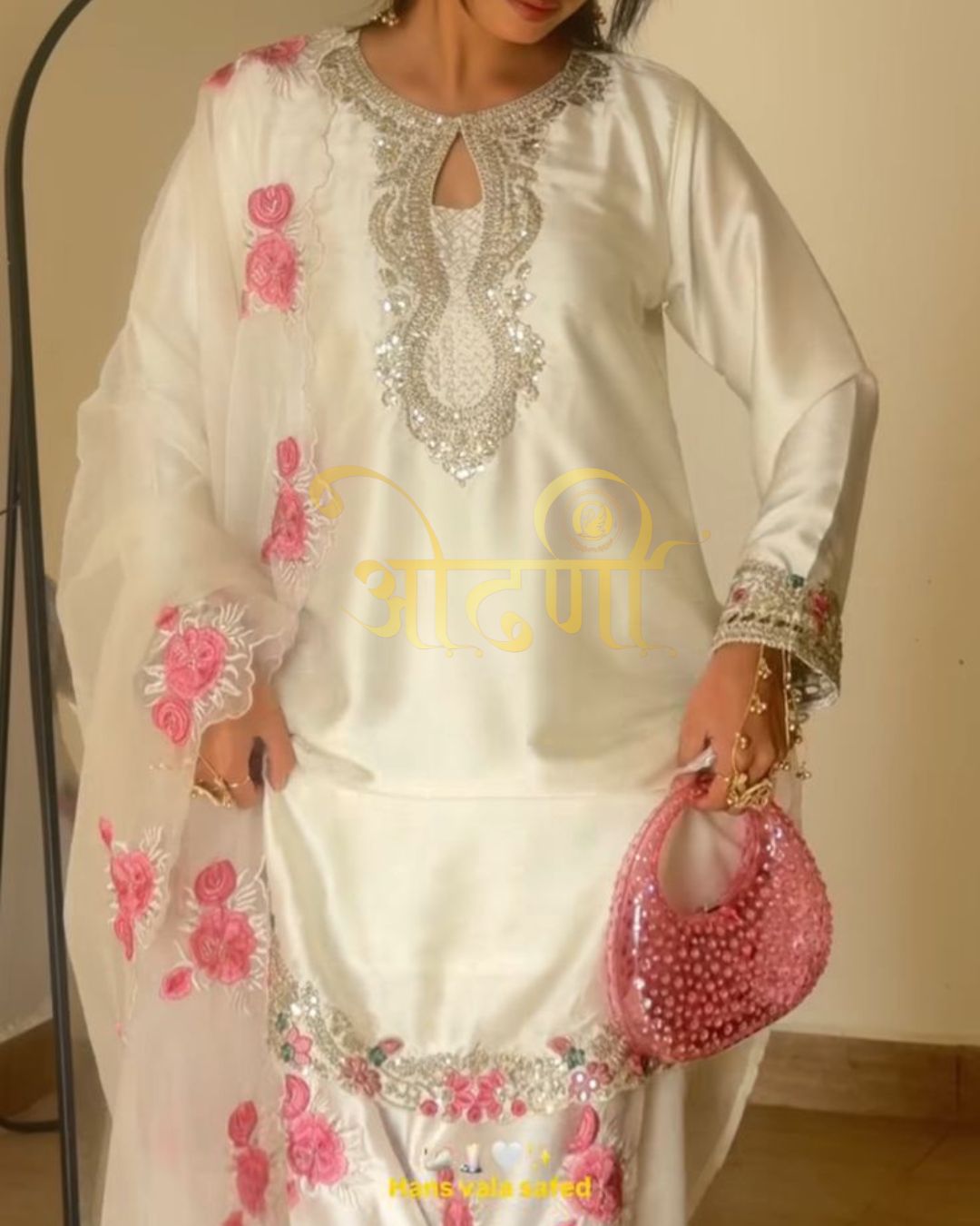 Beautiful Silk Sequins Embroidered White Top with Palazzo & Work Dupatta Set Readymade