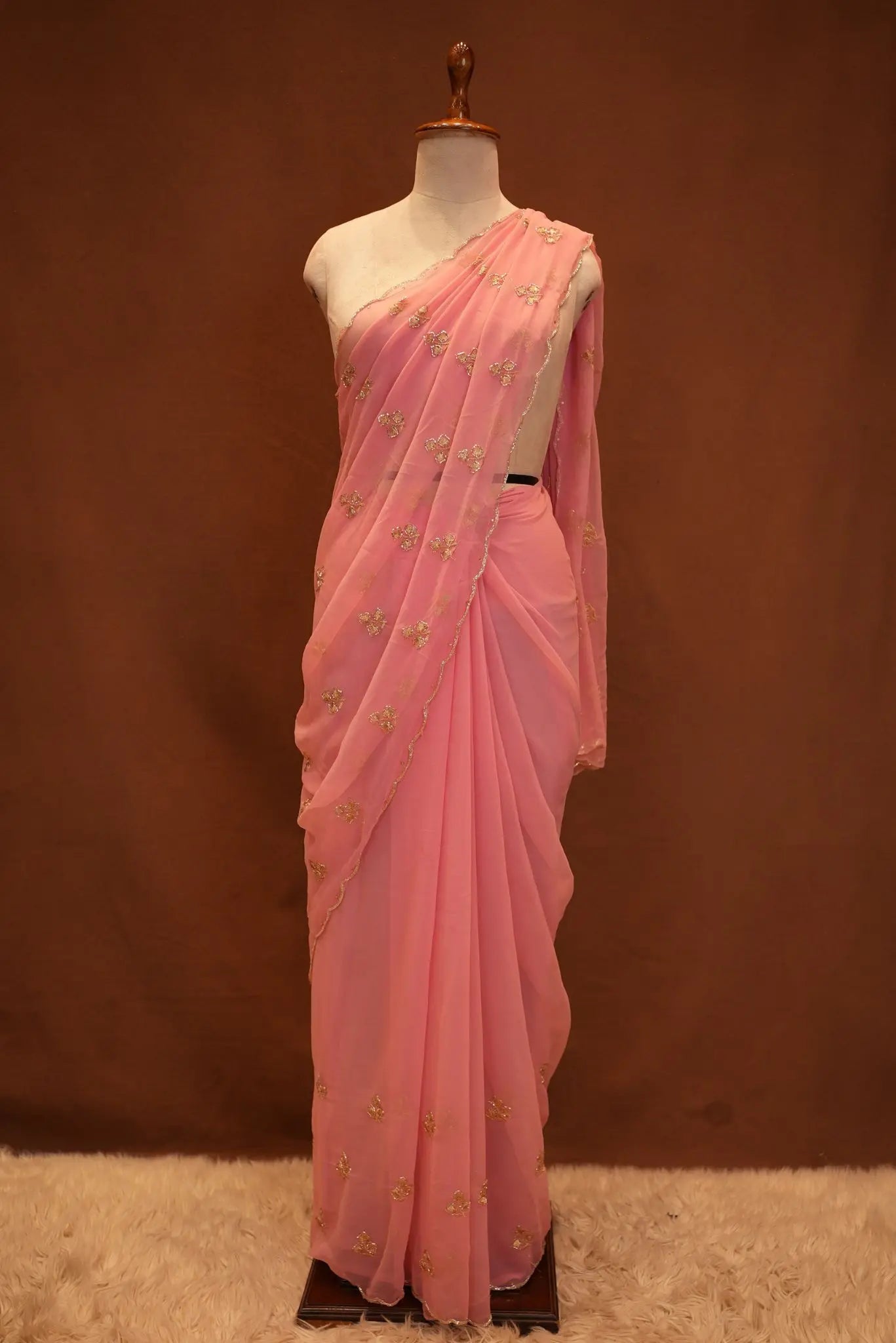 Saree with Cutdana & Aari Work, Small Butti Pattern & Cutdana Border (With Blouse)