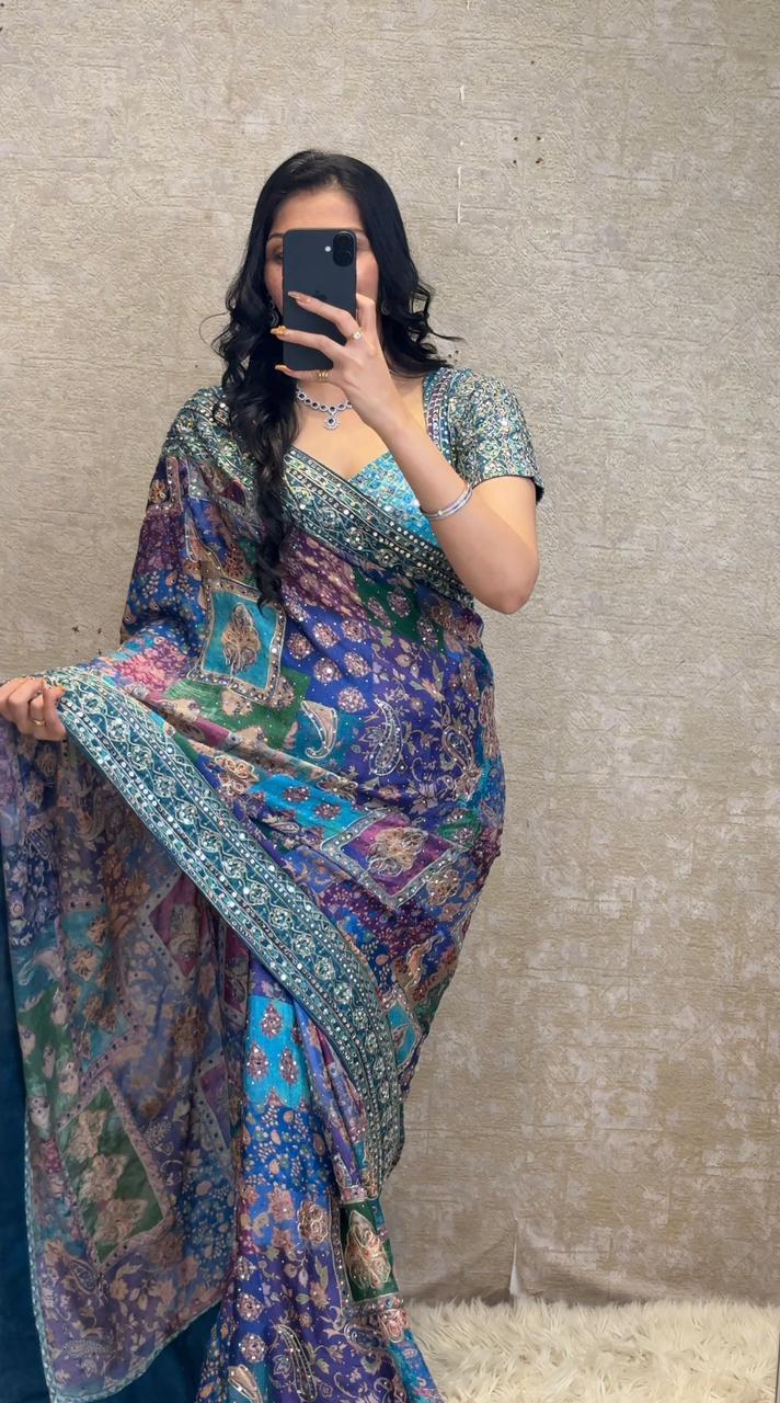 Pure Crepe Silk Mirror Work Stitch Blouse Saree