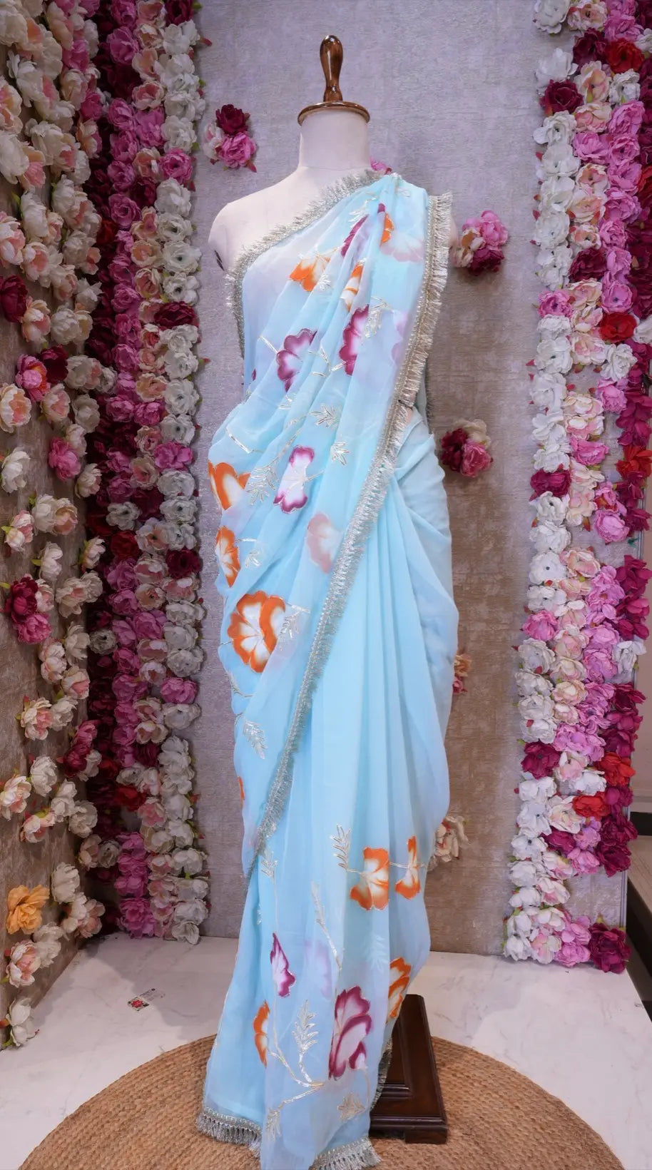 BRUSH PRINT DESIGN WITH KACHI GOTA PATTI WORK & LACE SAREE (WITH BLOUSE)