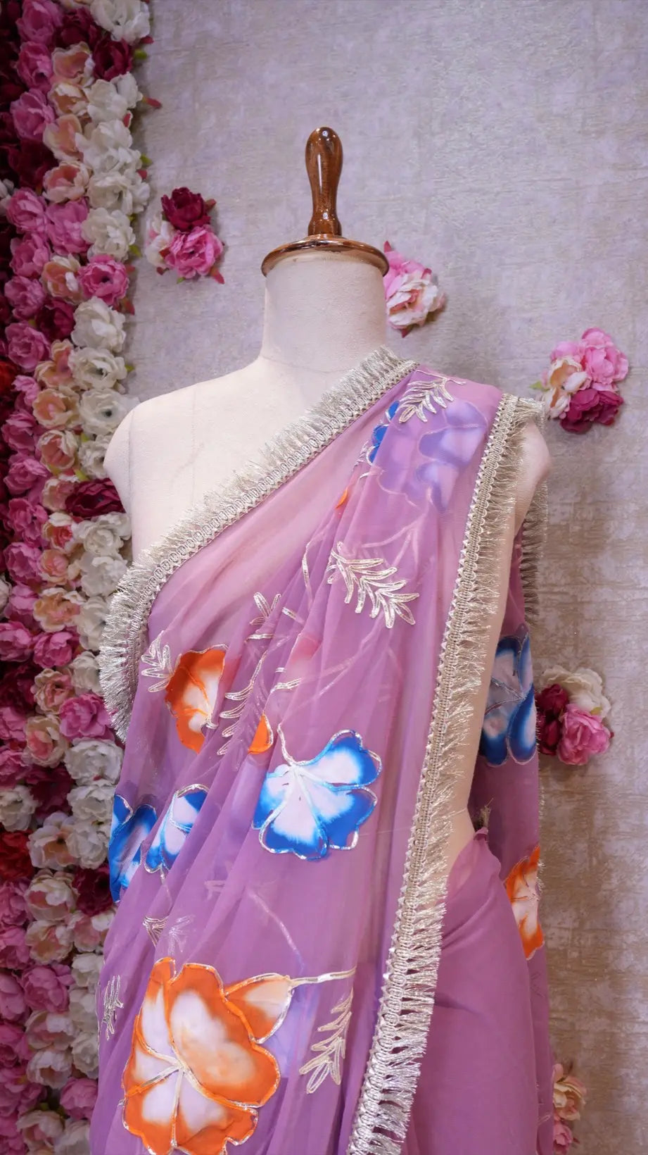 BRUSH PRINT DESIGN WITH KACHI GOTA PATTI WORK & LACE SAREE (WITH BLOUSE)