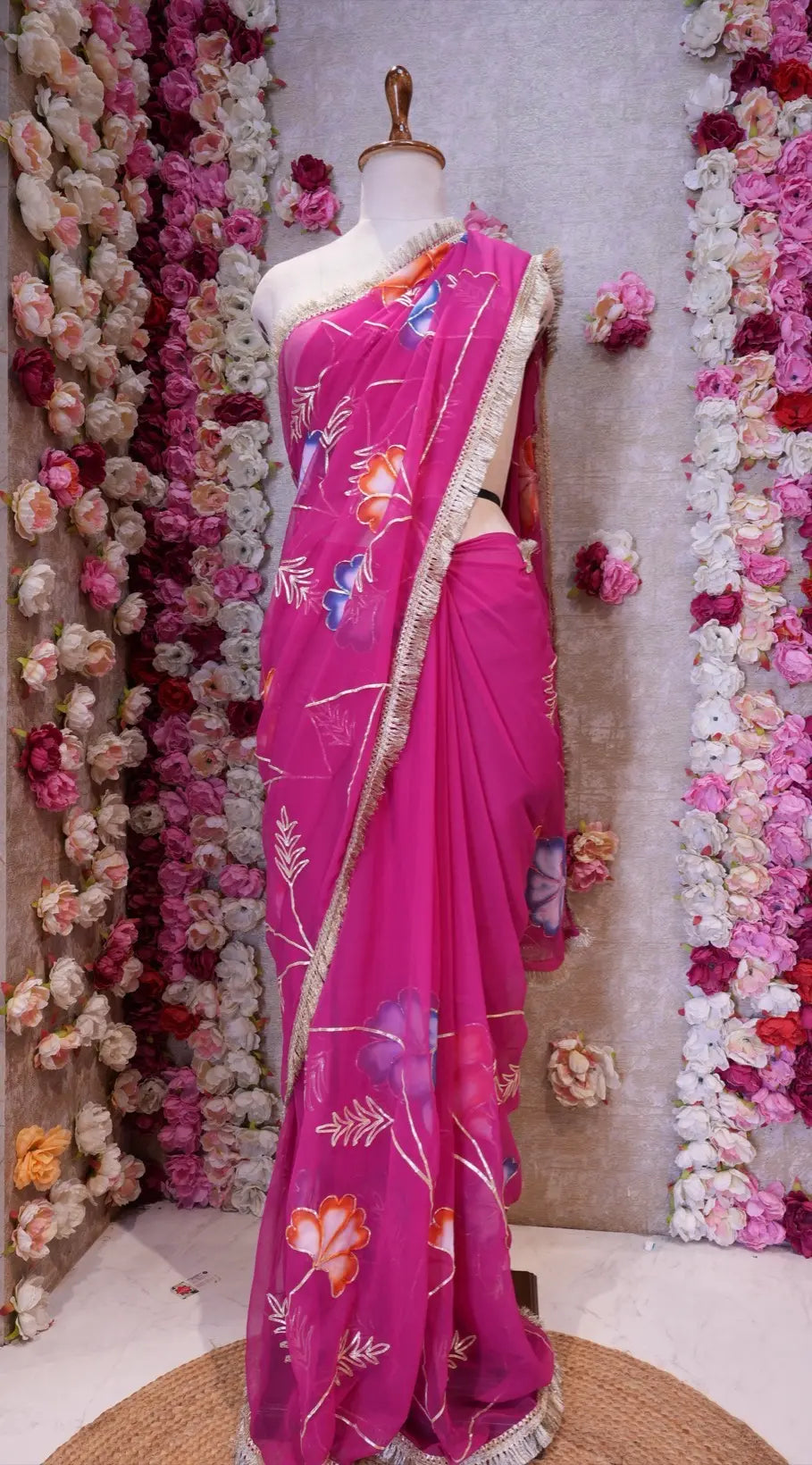 BRUSH PRINT DESIGN WITH KACHI GOTA PATTI WORK & LACE SAREE (WITH BLOUSE)