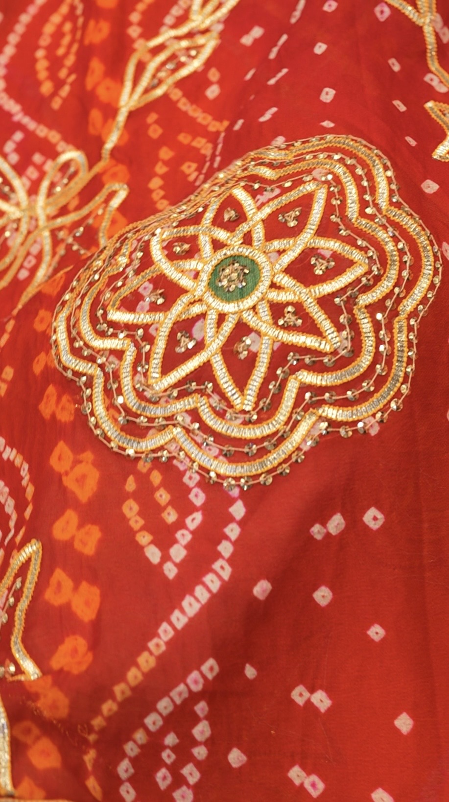 Pure Ojhriya Hand Bandhej Saree with Traditional Rajasthani Kaccha Gota Sequence Work