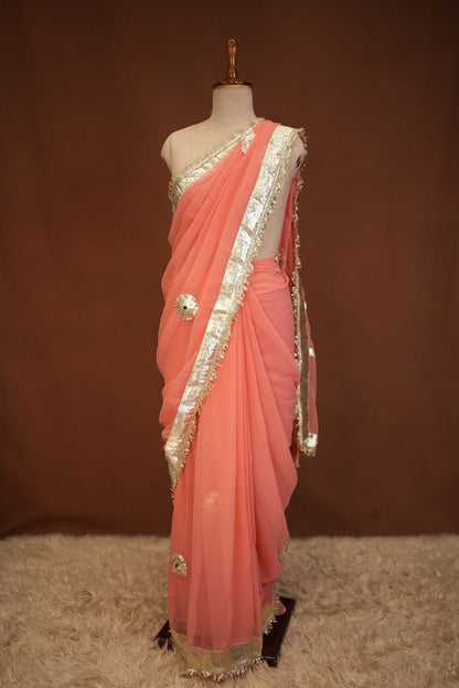 TRADITIONAL RAJASTHANI KACHI GOTA WORK SAREE WITH BUTI AND MONOTONE WORK (WITH BLOUSE) ##SR625