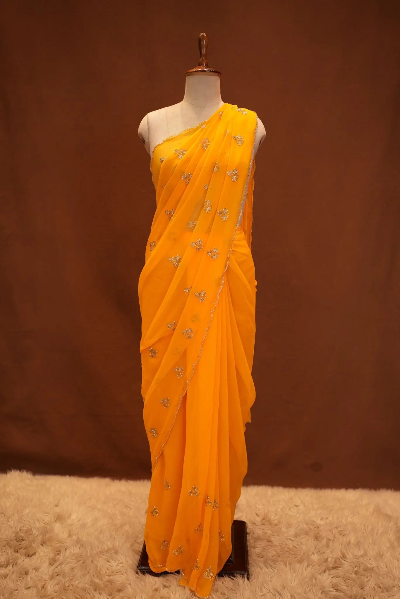 Saree with Cutdana & Aari Work, Small Butti Pattern & Cutdana Border (With Blouse)