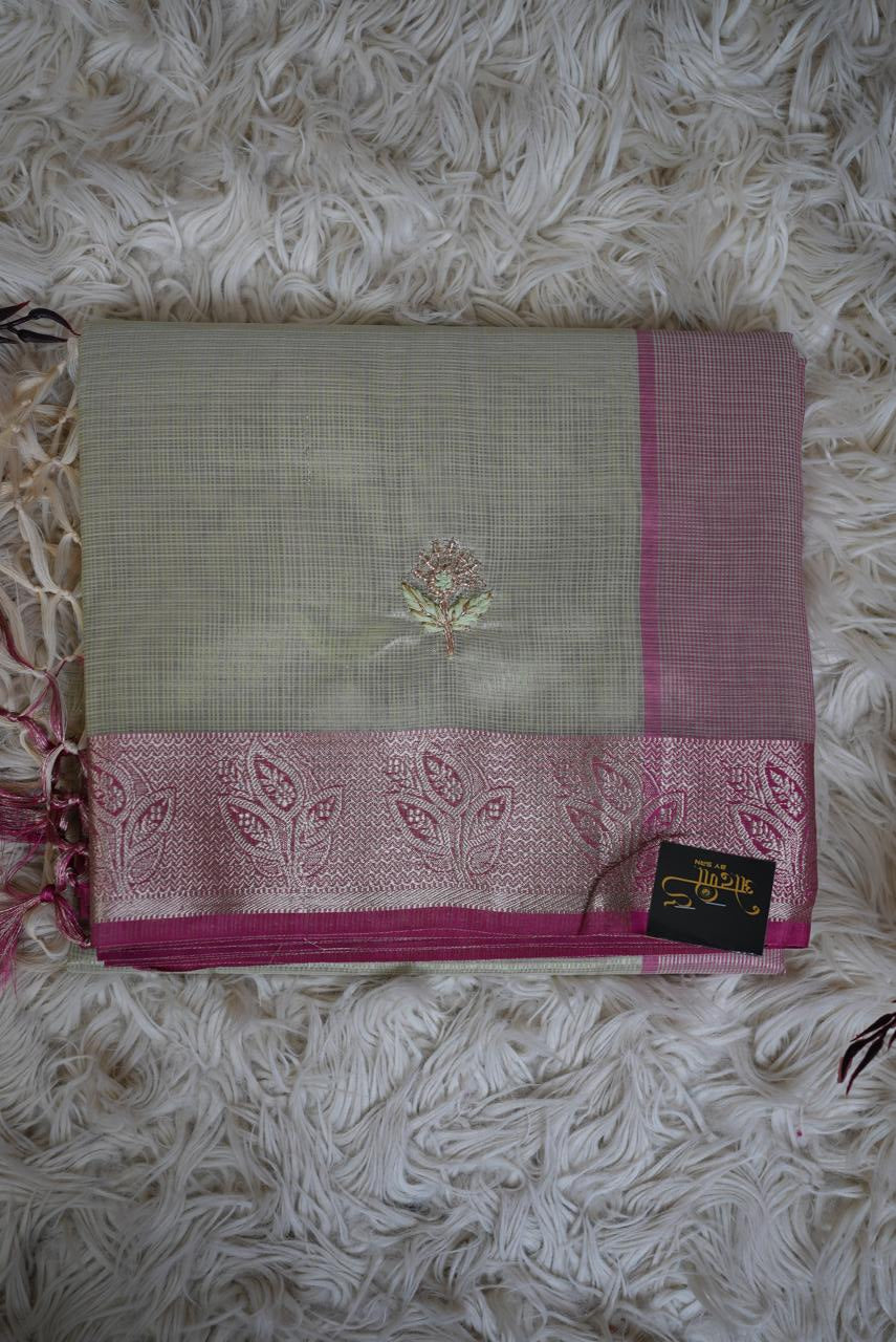 Pure Cotton Doriya Saree with Banarasi Border & Handwork Buti