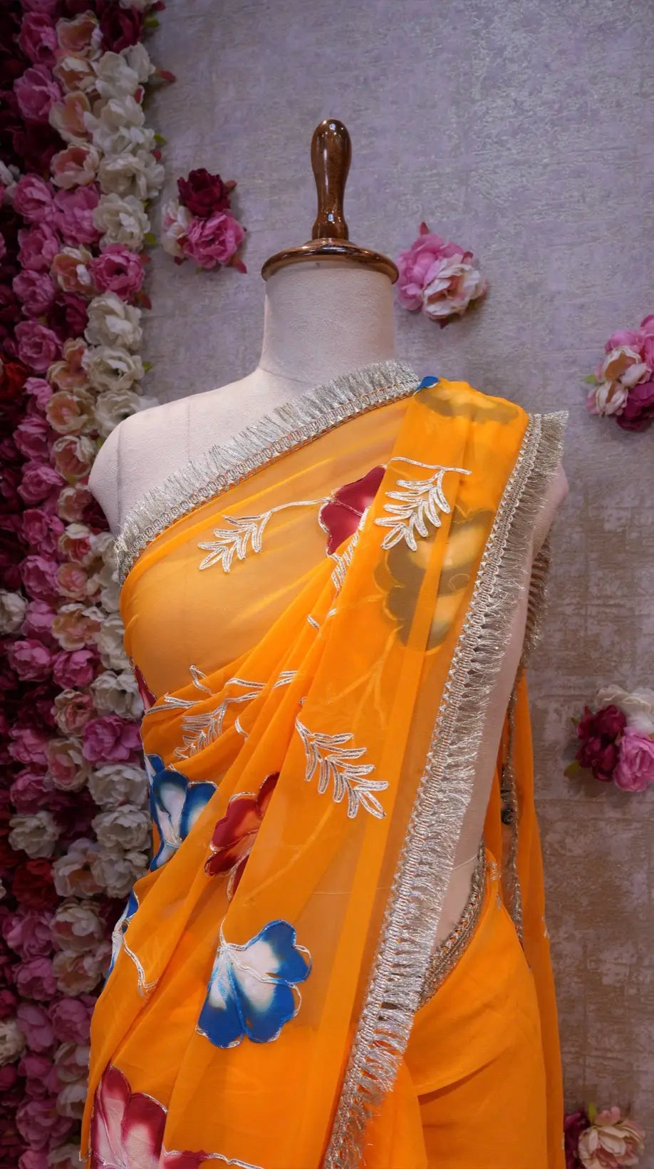 BRUSH PRINT DESIGN WITH KACHI GOTA PATTI WORK & LACE SAREE (WITH BLOUSE)