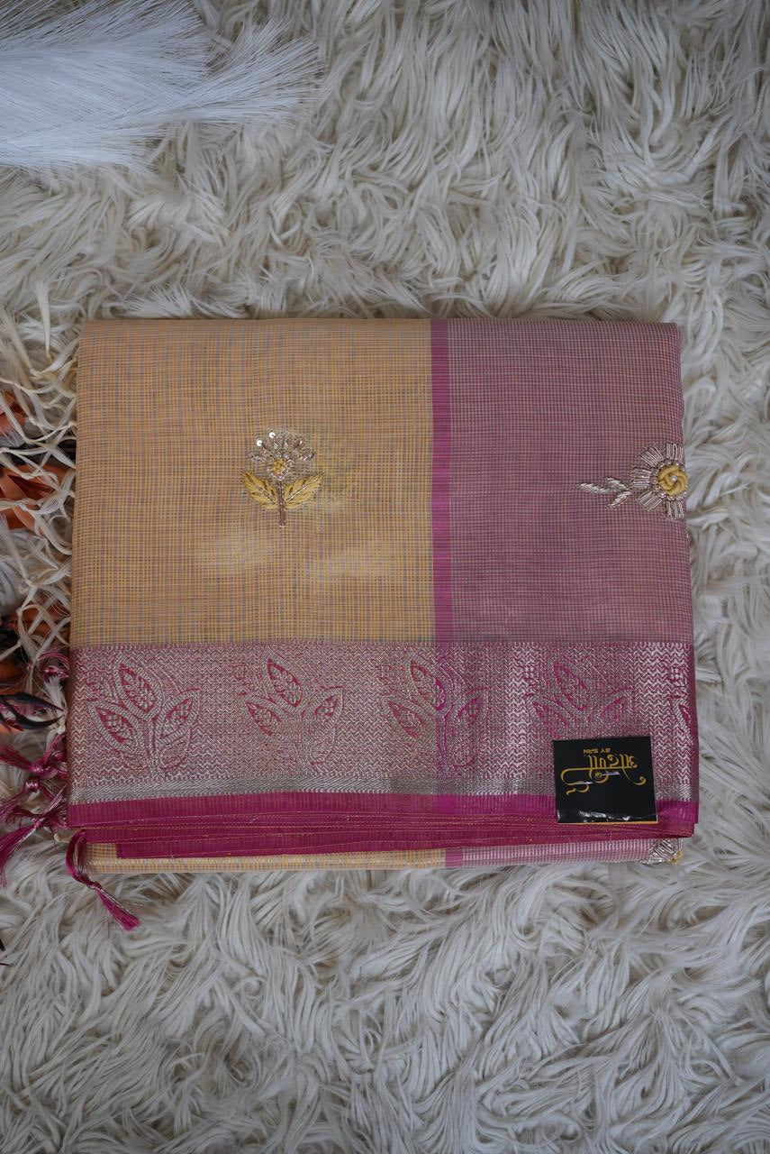 Pure Cotton Doriya Saree with Banarasi Border & Handwork Buti
