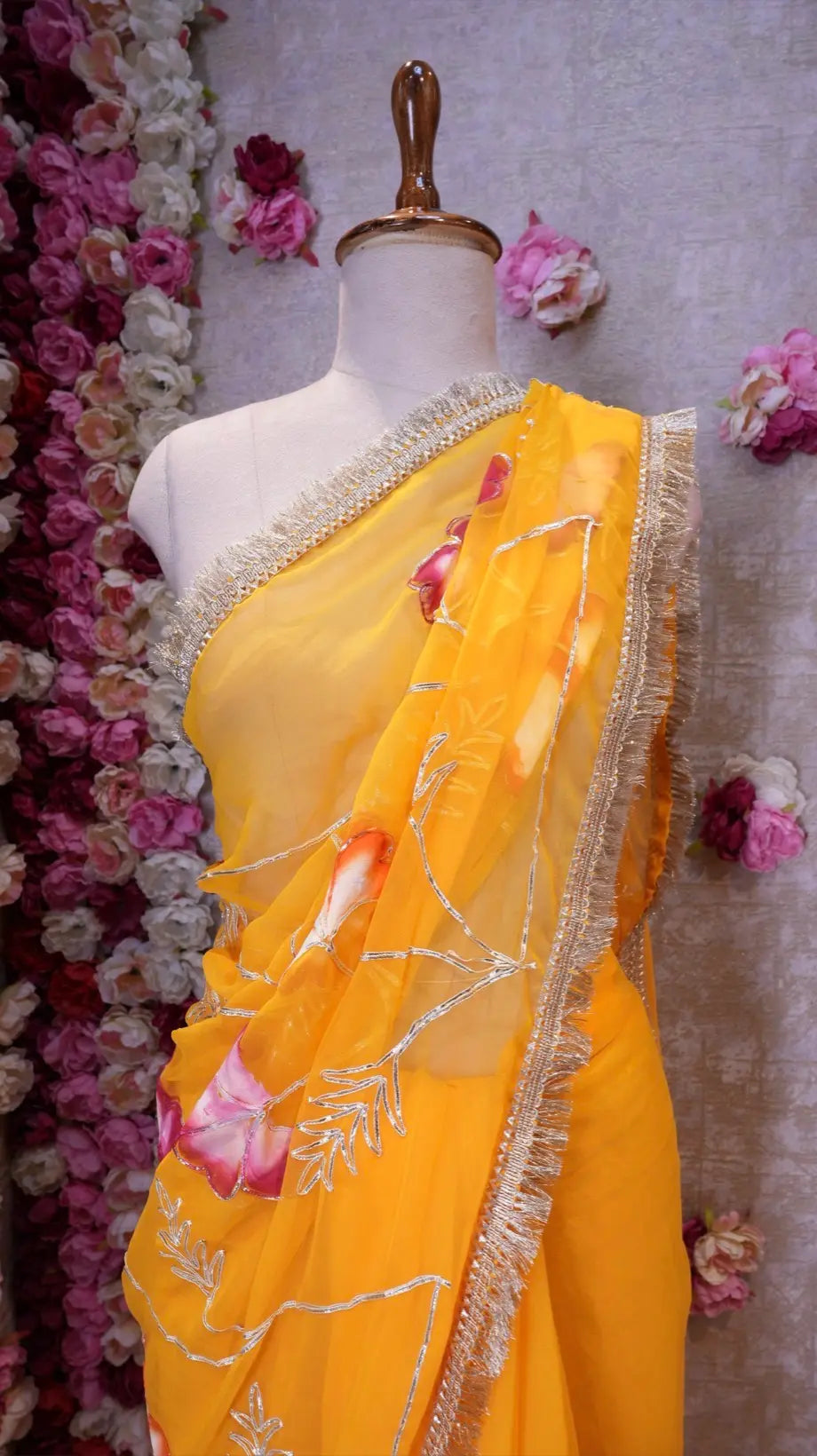 BRUSH PRINT DESIGN WITH KACHI GOTA PATTI WORK & LACE SAREE (WITH BLOUSE)