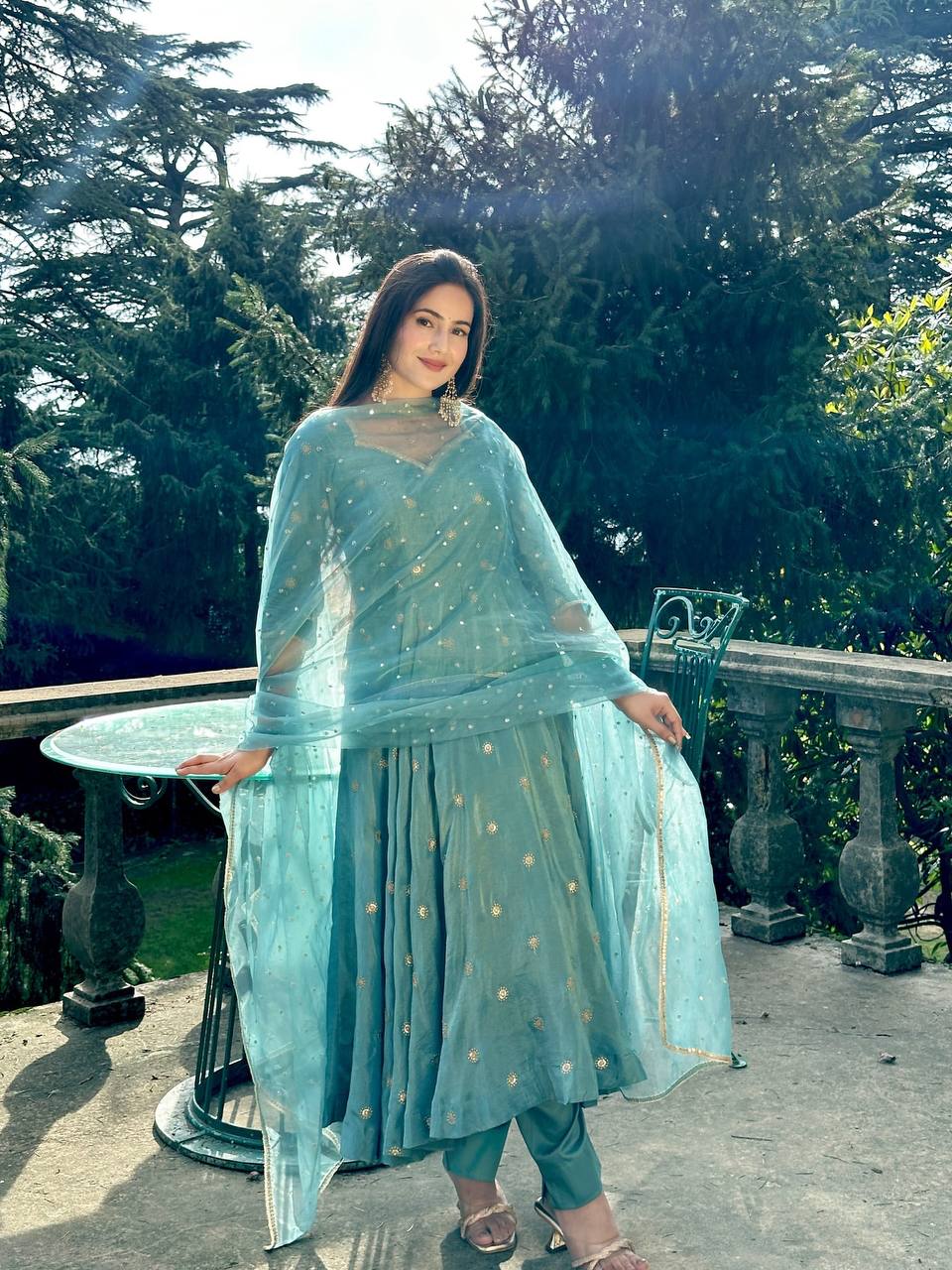 Premium Vichitra Silk Embroidered Gown with Pant & Tissue Dupatta Set