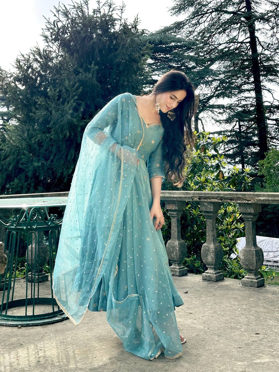 Premium Vichitra Silk Embroidered Gown with Pant & Tissue Dupatta Set