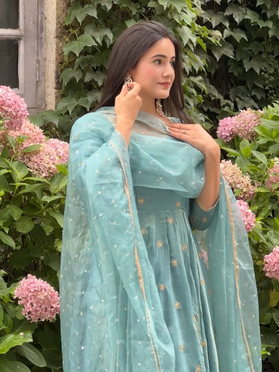 Premium Vichitra Silk Embroidered Gown with Pant & Tissue Dupatta Set