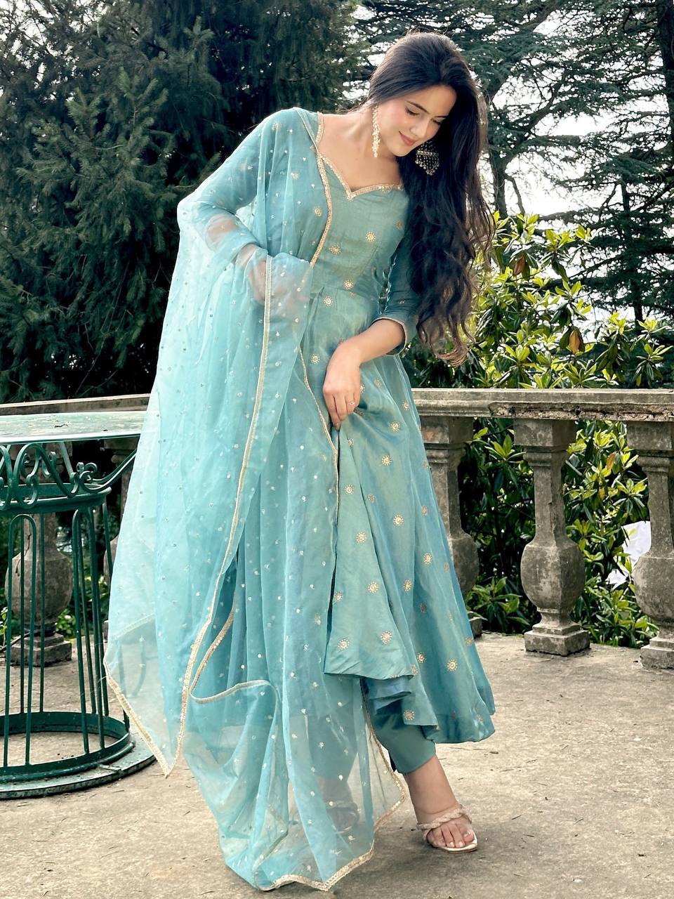 Premium Vichitra Silk Embroidered Gown with Pant & Tissue Dupatta Set
