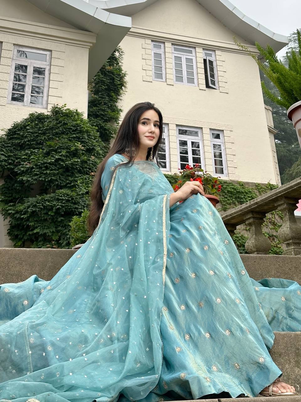 Premium Vichitra Silk Embroidered Gown with Pant & Tissue Dupatta Set