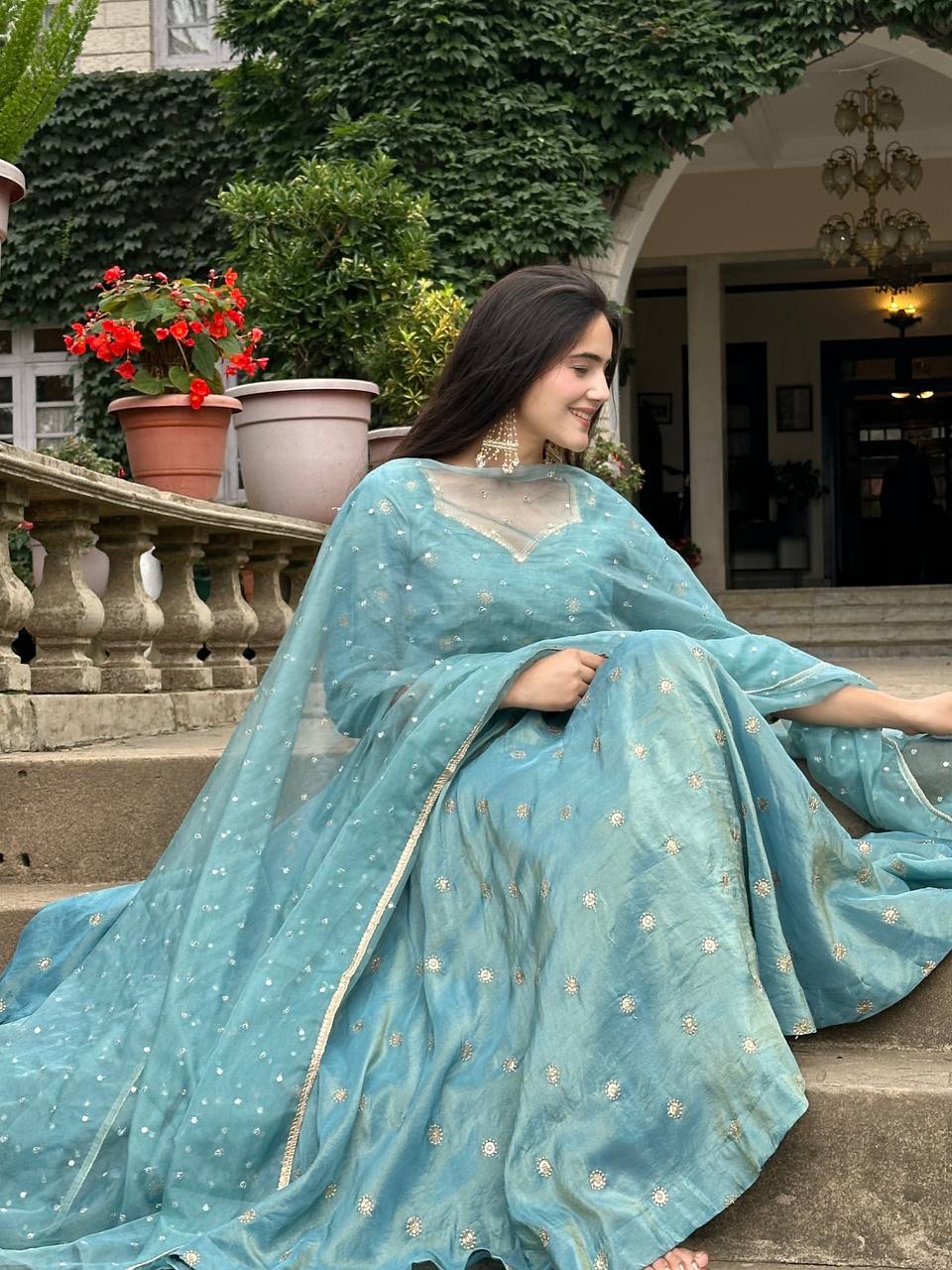 Premium Vichitra Silk Embroidered Gown with Pant & Tissue Dupatta Set