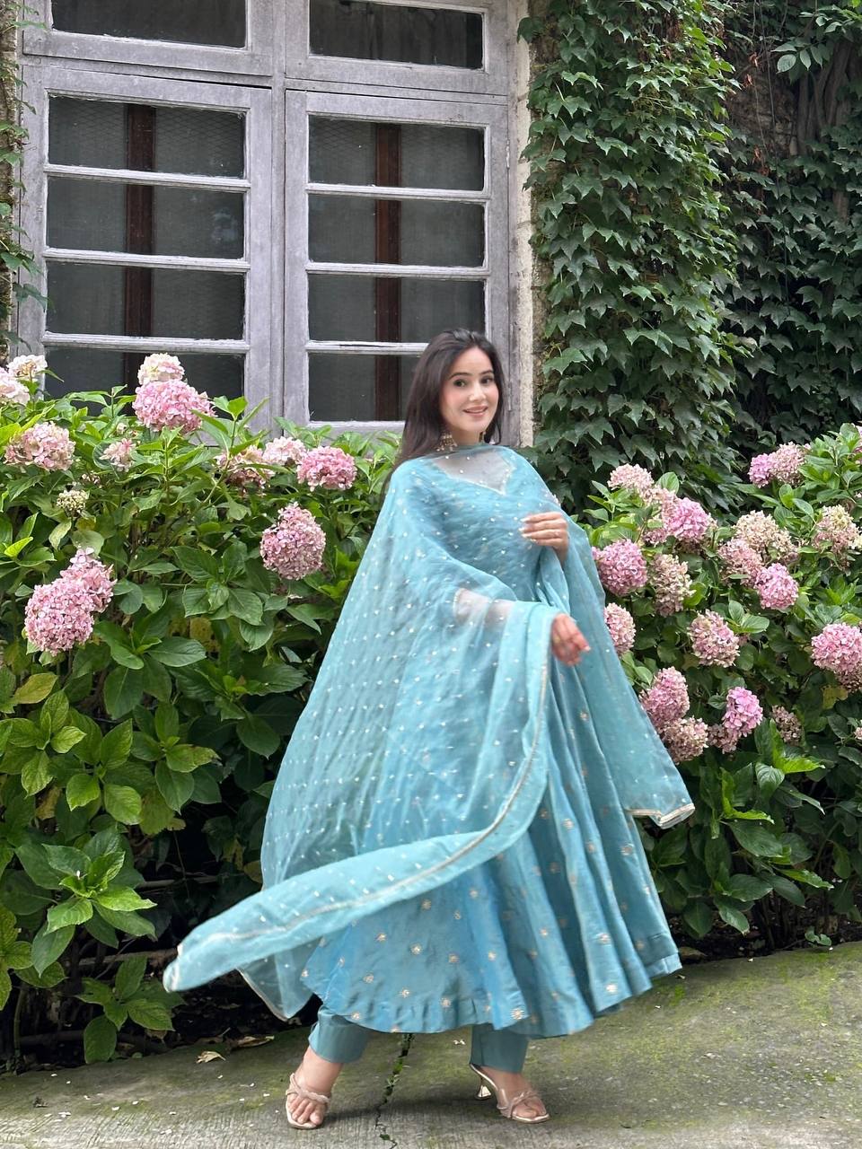 Premium Vichitra Silk Embroidered Gown with Pant & Tissue Dupatta Set