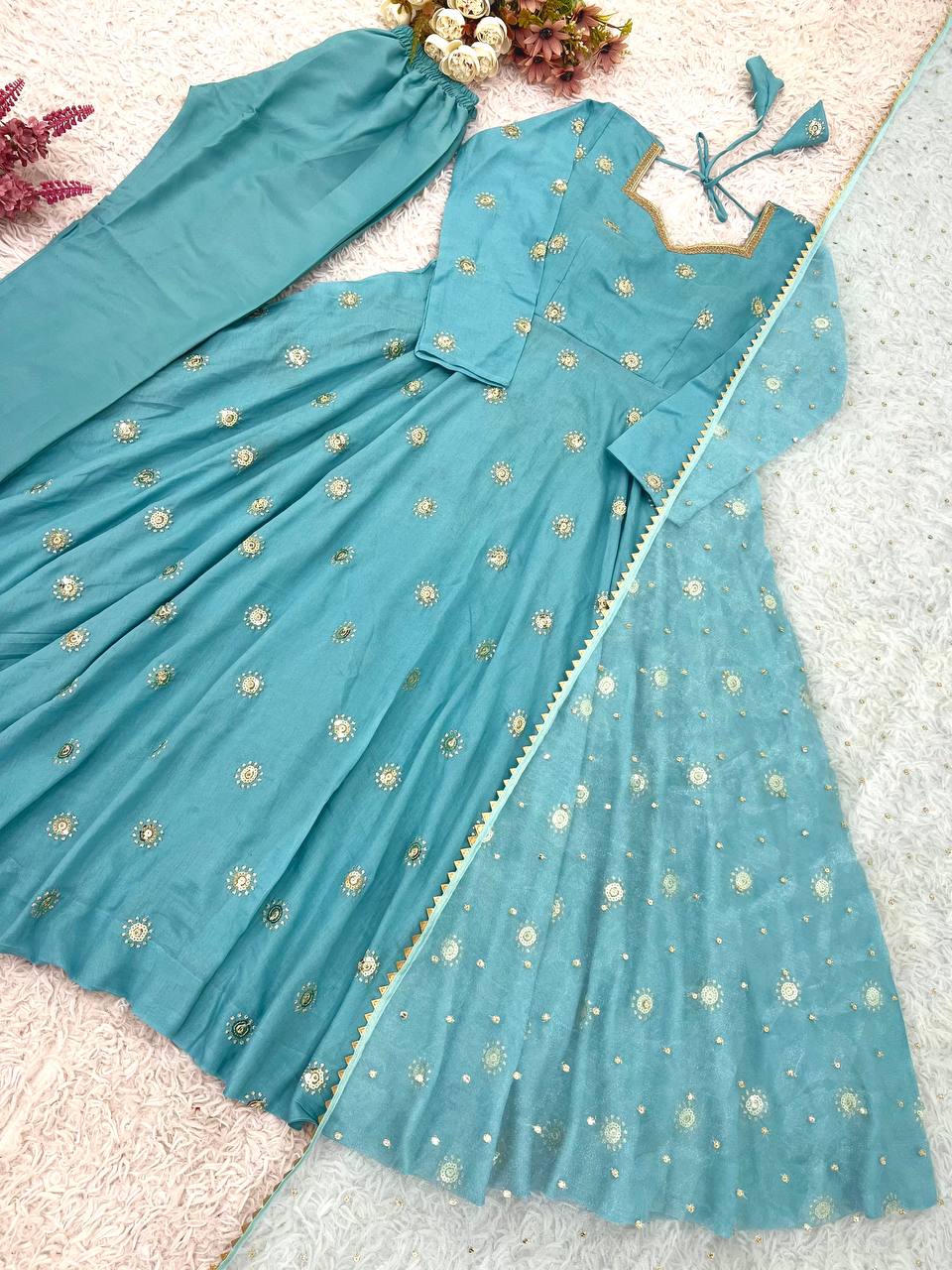 Premium Vichitra Silk Embroidered Gown with Pant & Tissue Dupatta Set