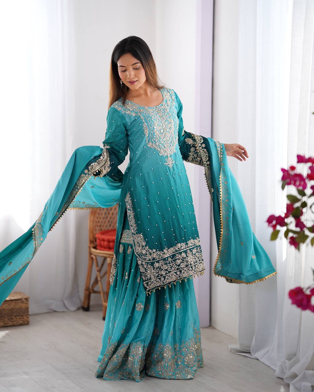 Designer Chinon Silk Plazo Set