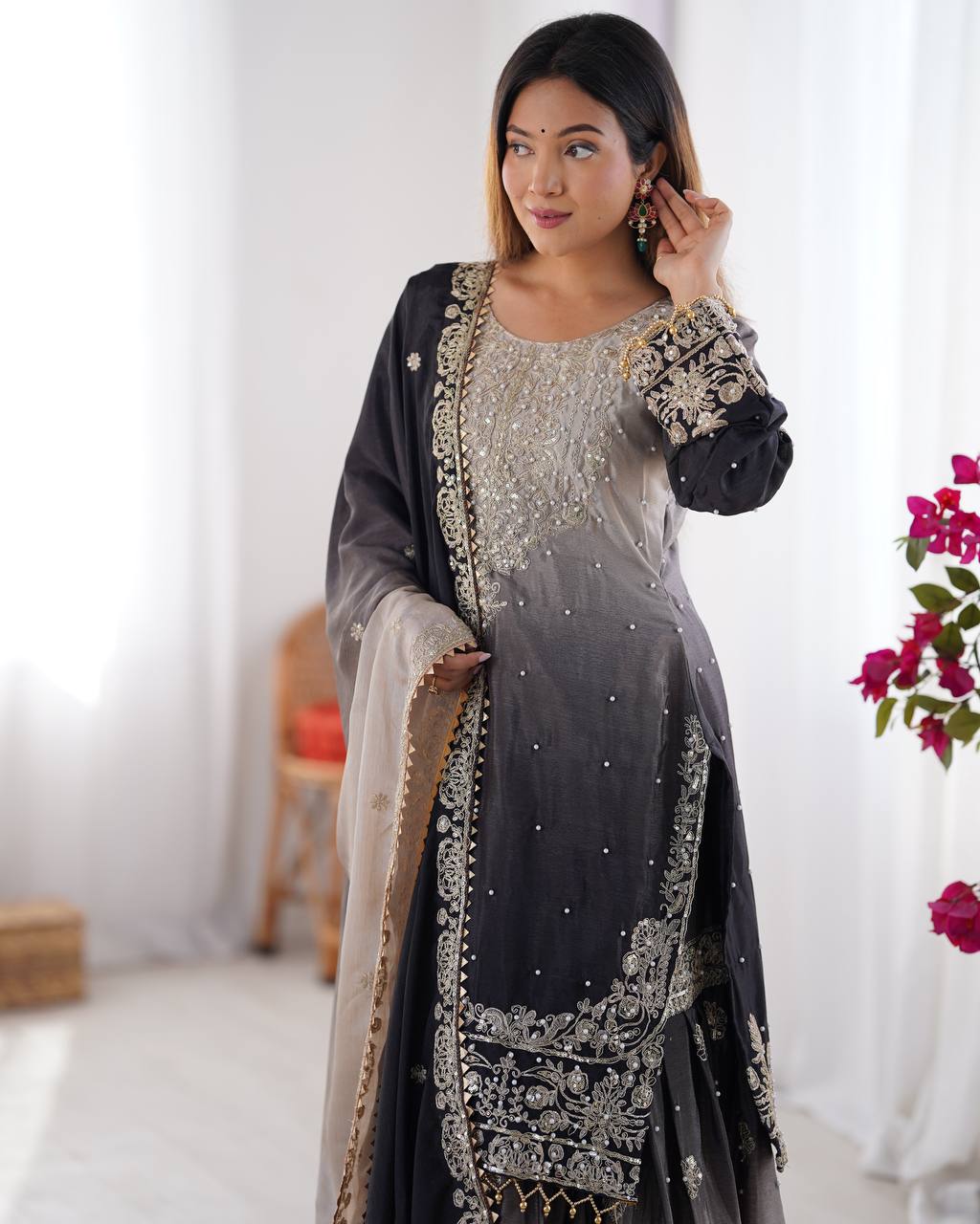 Designer Chinon Silk Plazo Set