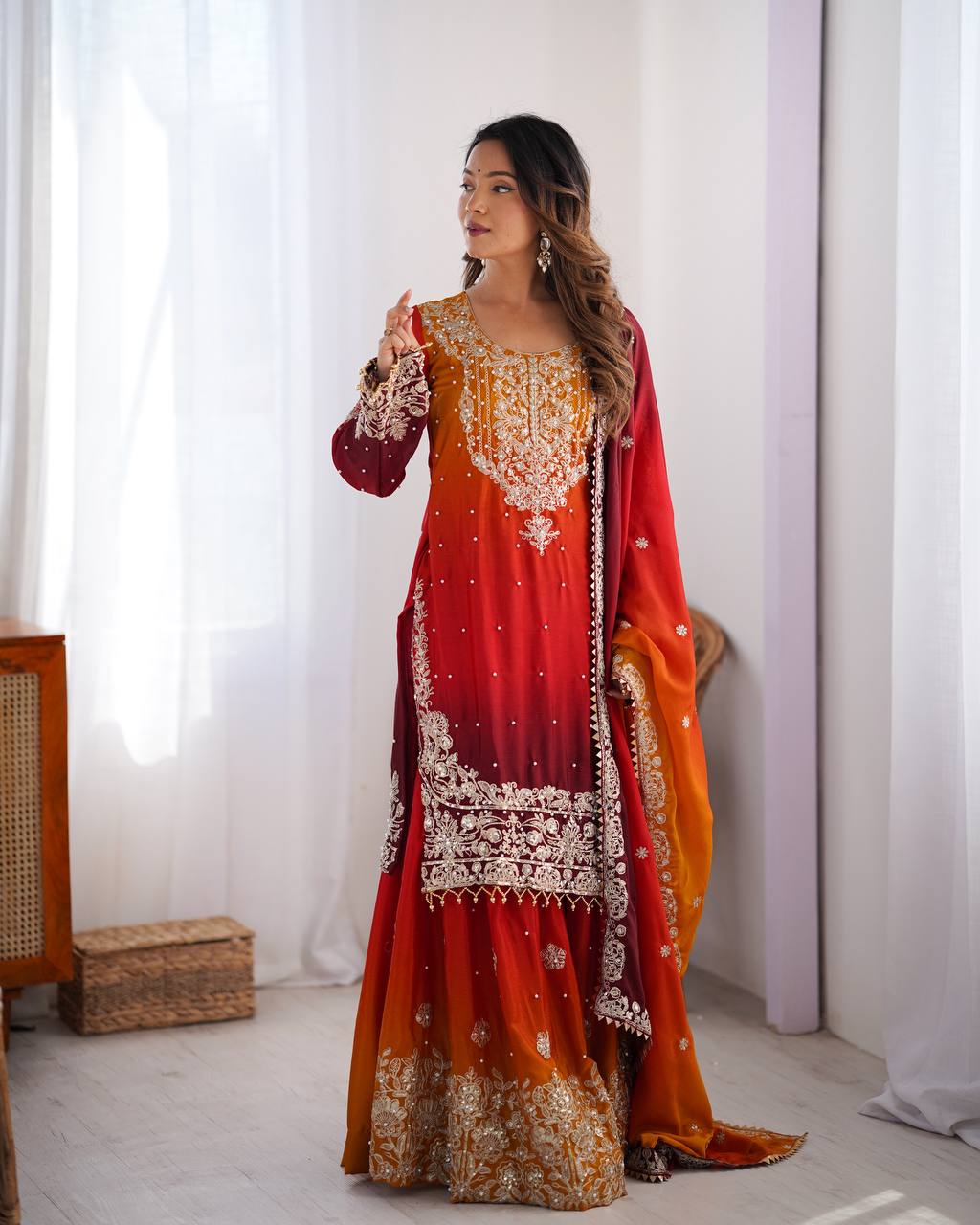 Designer Chinon Silk Plazo Set