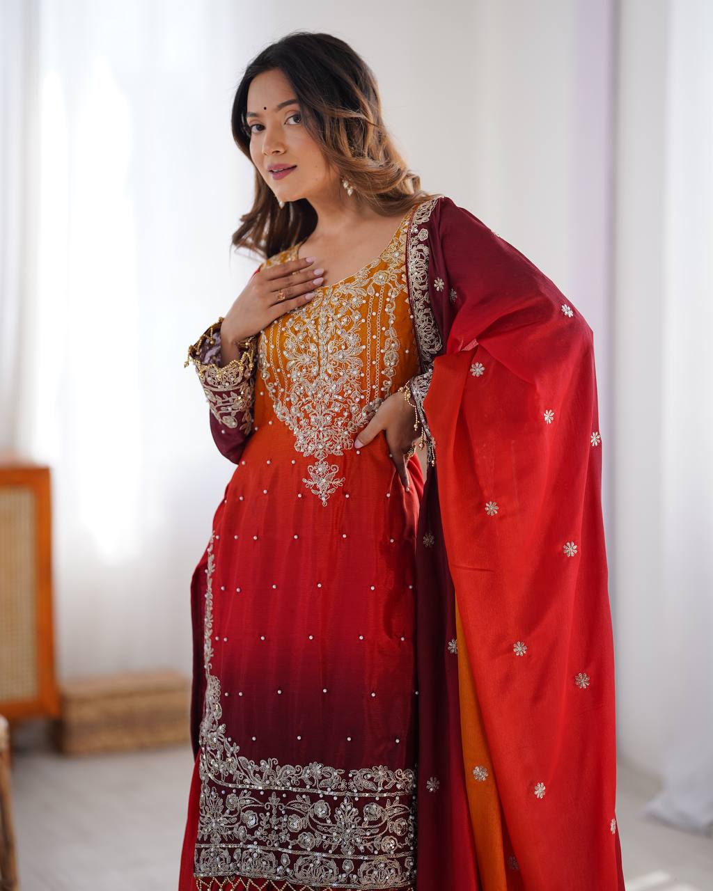 Designer Chinon Silk Plazo Set