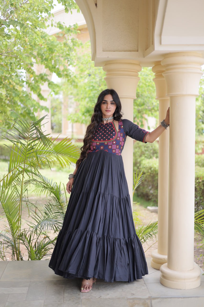 Traditional Kora Cotton Multi-Thread Mirror Work Designer Gown