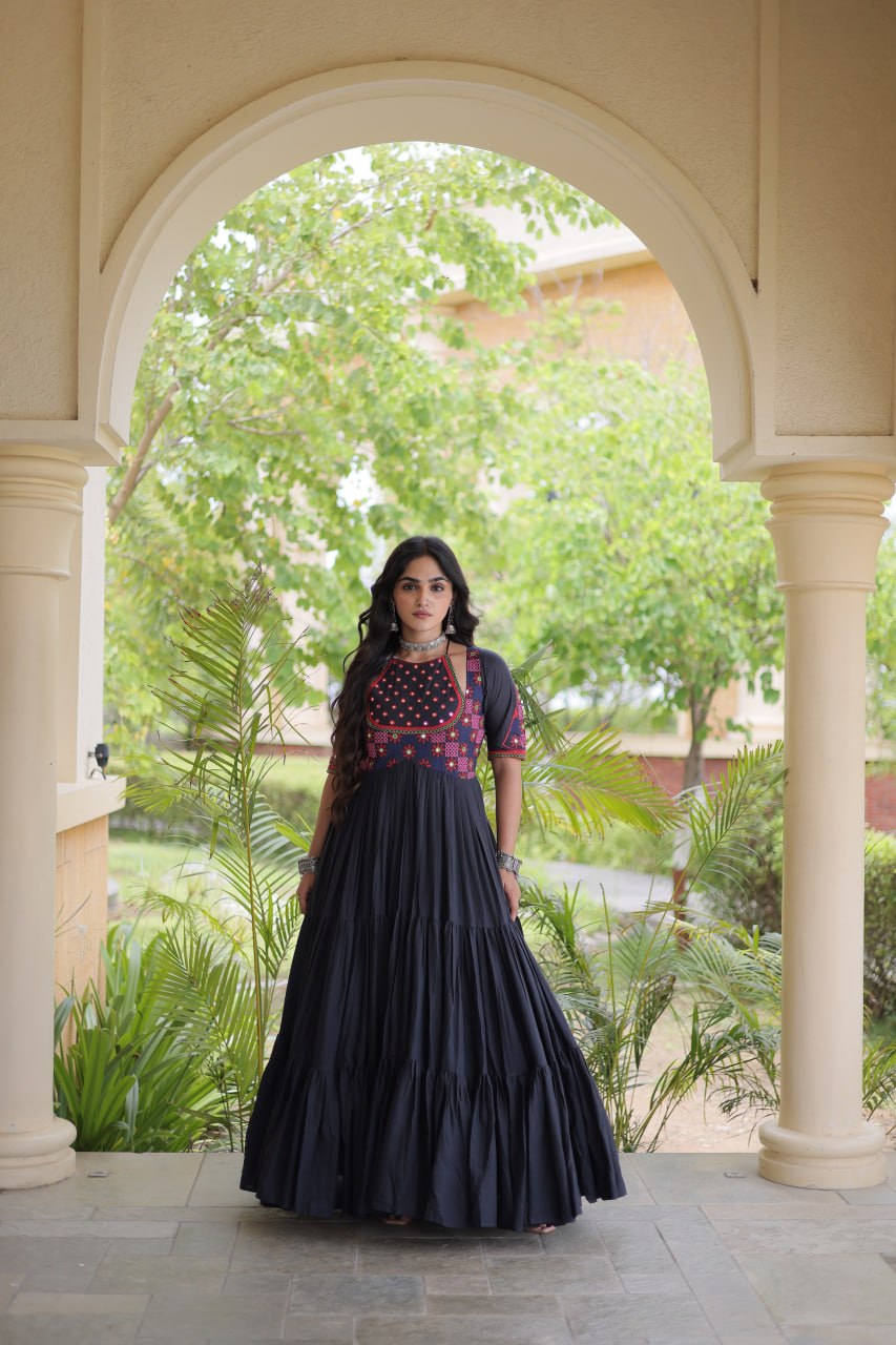 Traditional Kora Cotton Multi-Thread Mirror Work Designer Gown