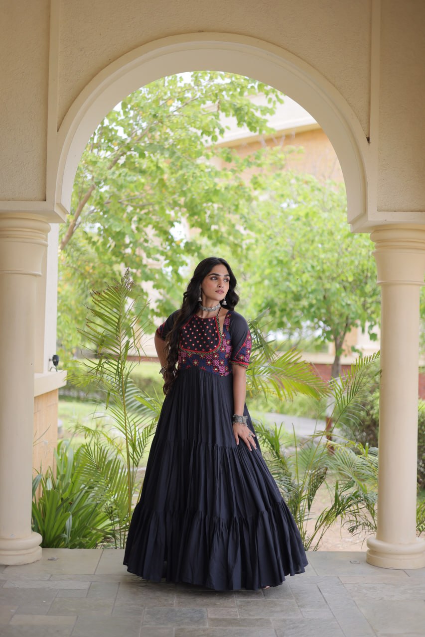 Traditional Kora Cotton Multi-Thread Mirror Work Designer Gown