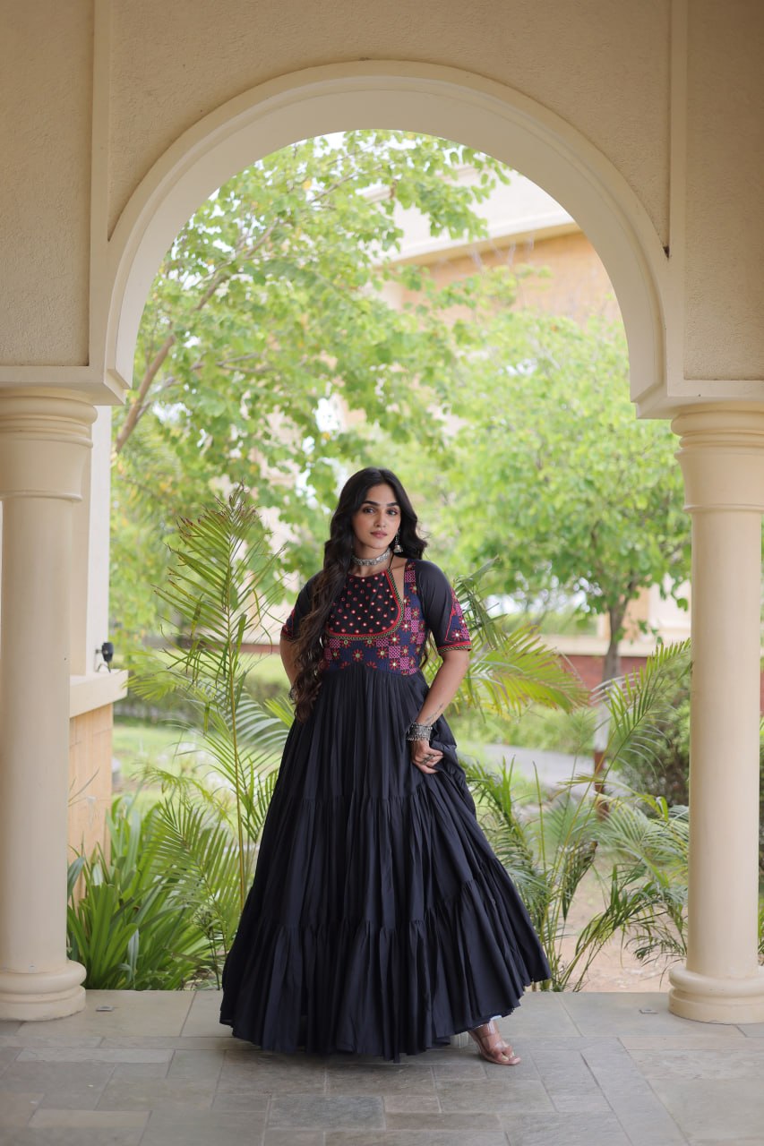 Traditional Kora Cotton Multi-Thread Mirror Work Designer Gown