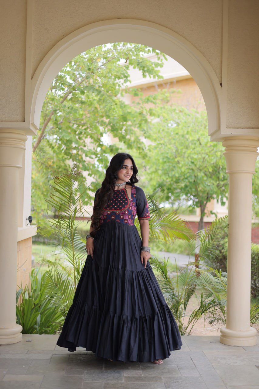 Traditional Kora Cotton Multi-Thread Mirror Work Designer Gown