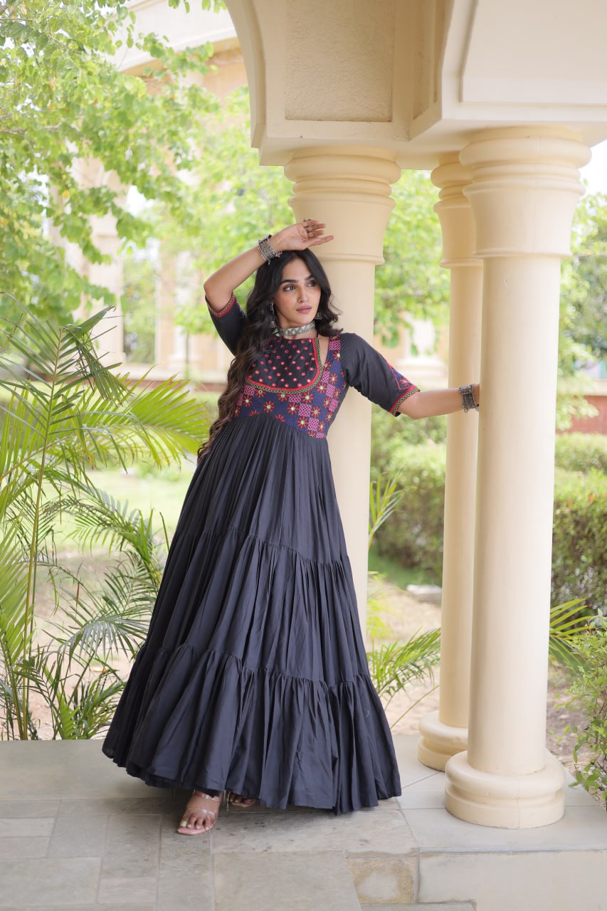 Traditional Kora Cotton Multi-Thread Mirror Work Designer Gown